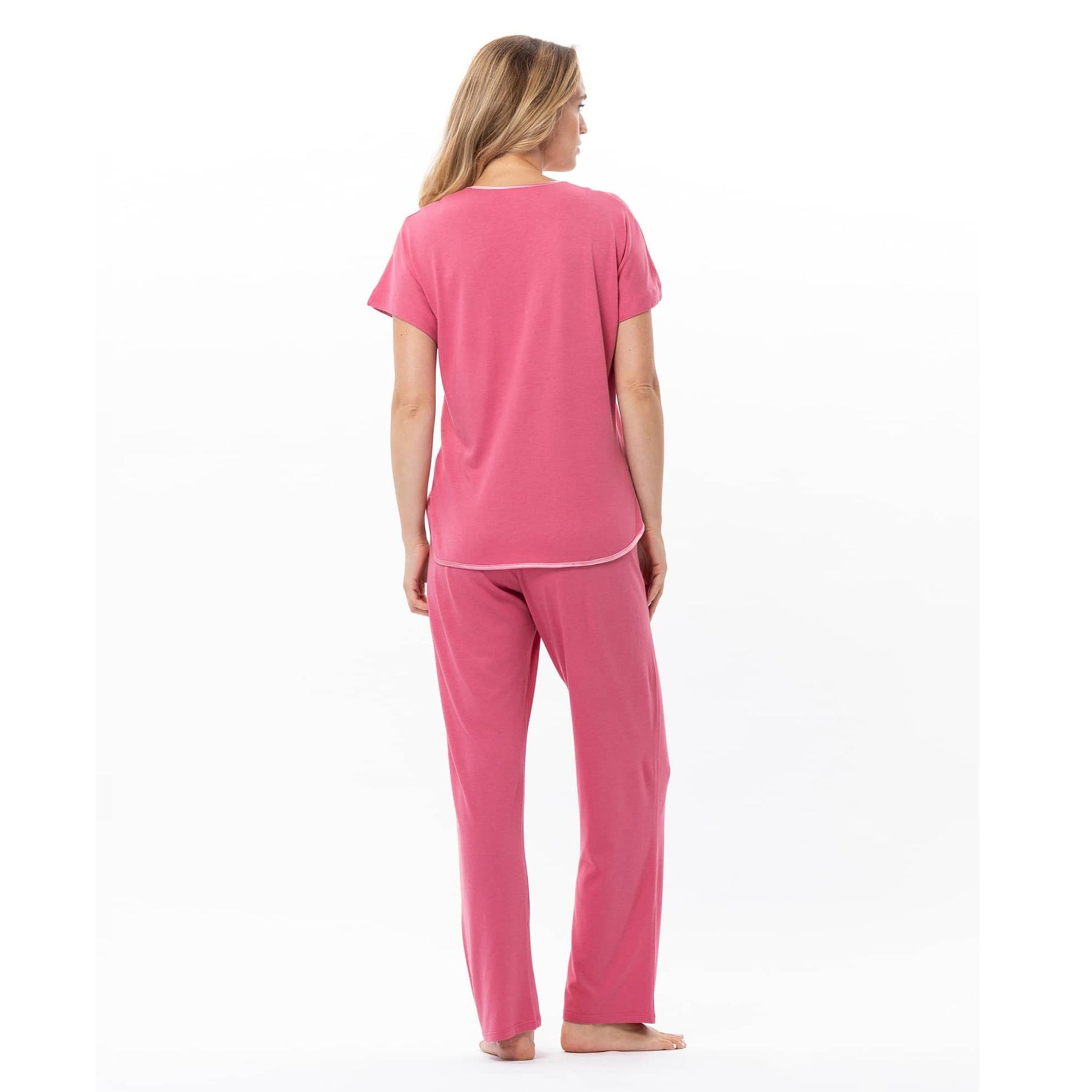 Back view of pink short sleeve pyjama top with matching full-length lounge pants – style C223APY.