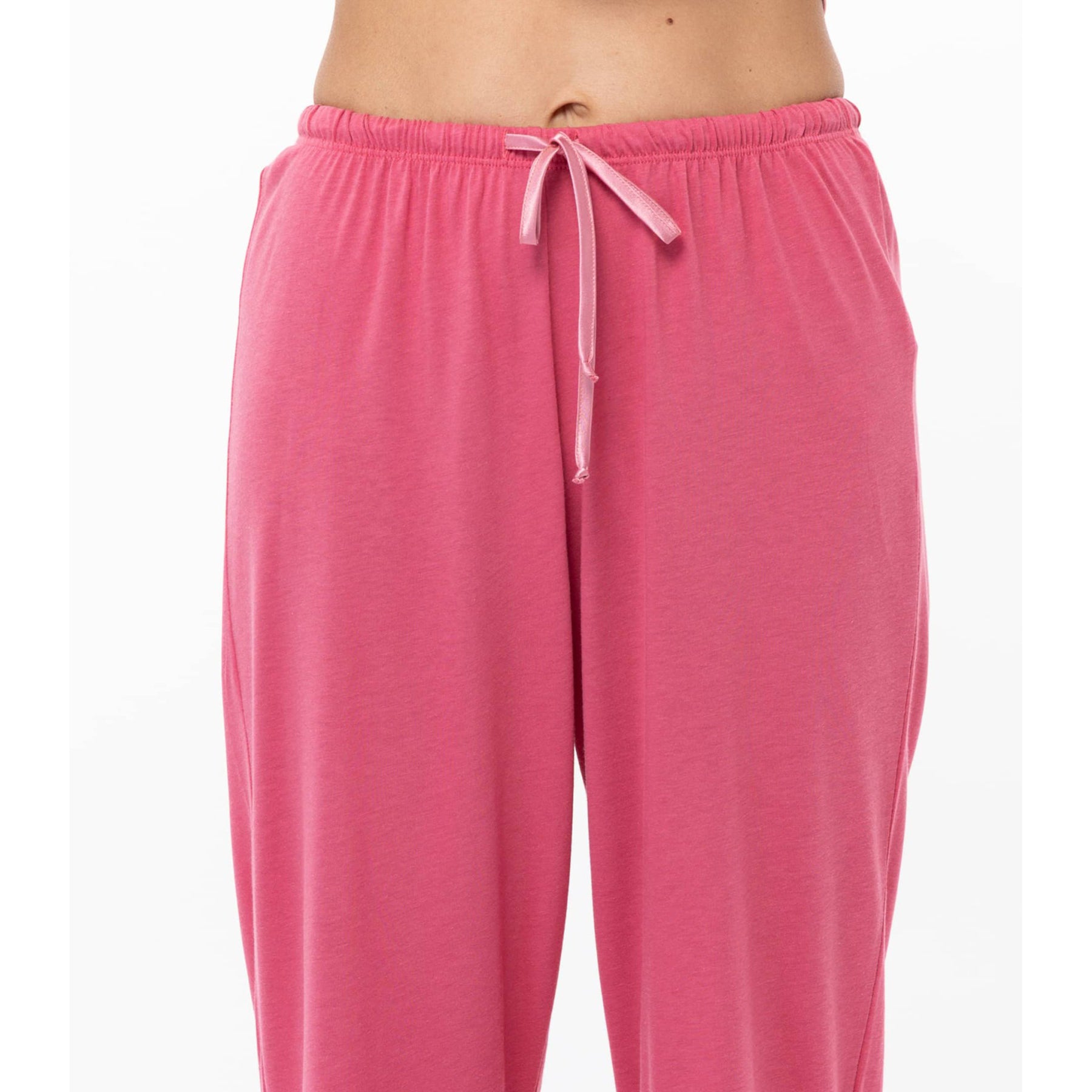 Smiling model in pink short sleeve sleep set with relaxed silhouette – style C223APY.