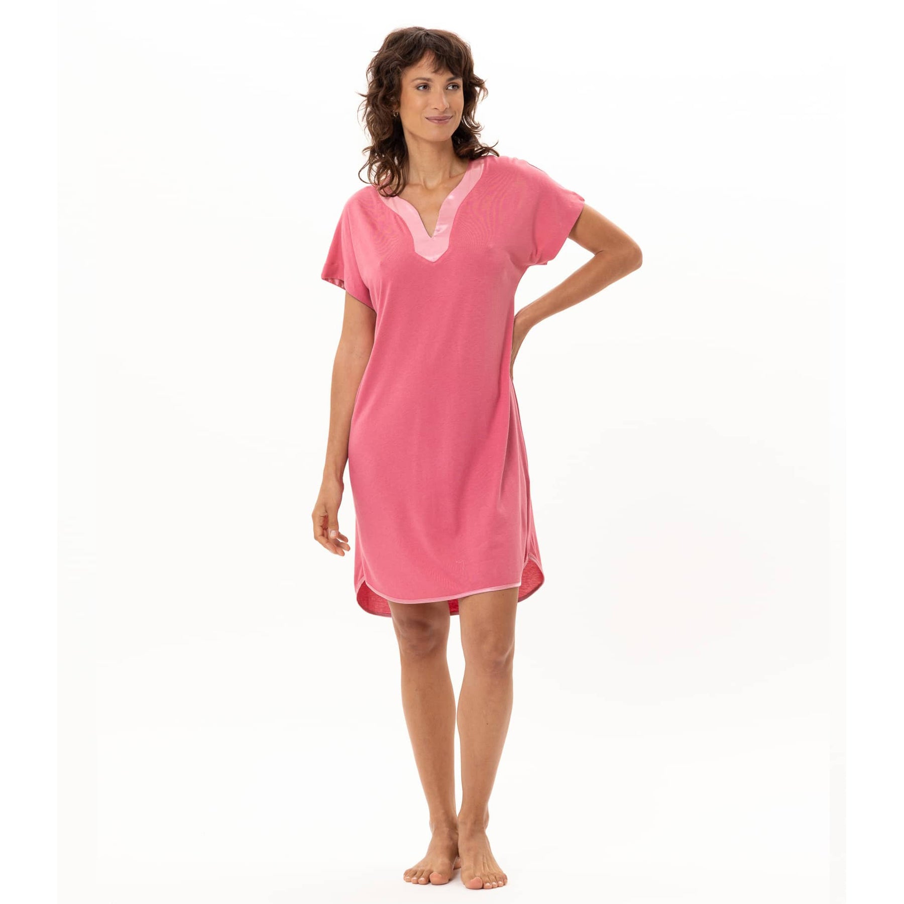Women’s fraise pink short sleeve nightdress with satin-trim V-neck and rounded hem, front view
