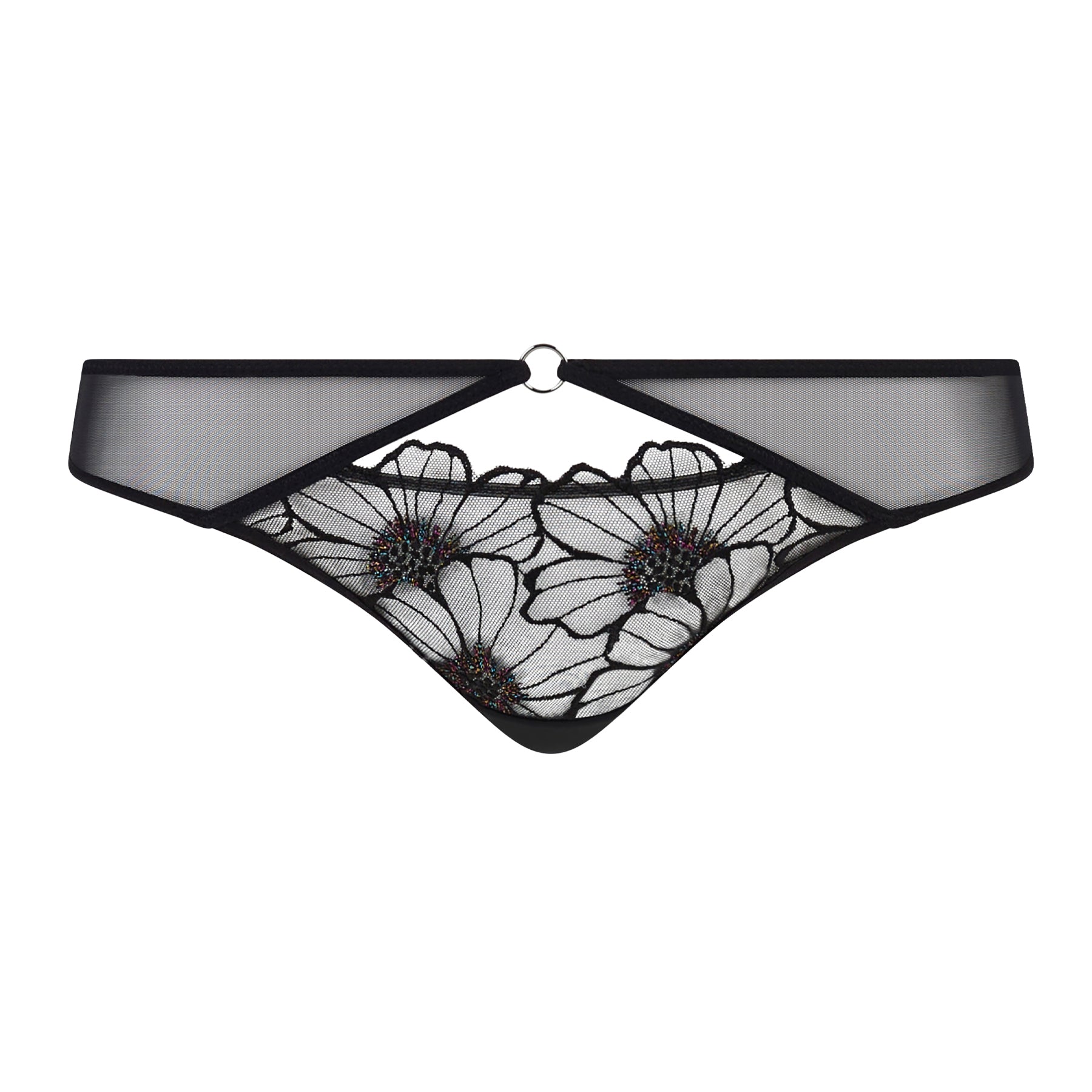 Product image of black mesh bikini brief with floral embroidery, cut-out detail, and silver ring accent on white background.