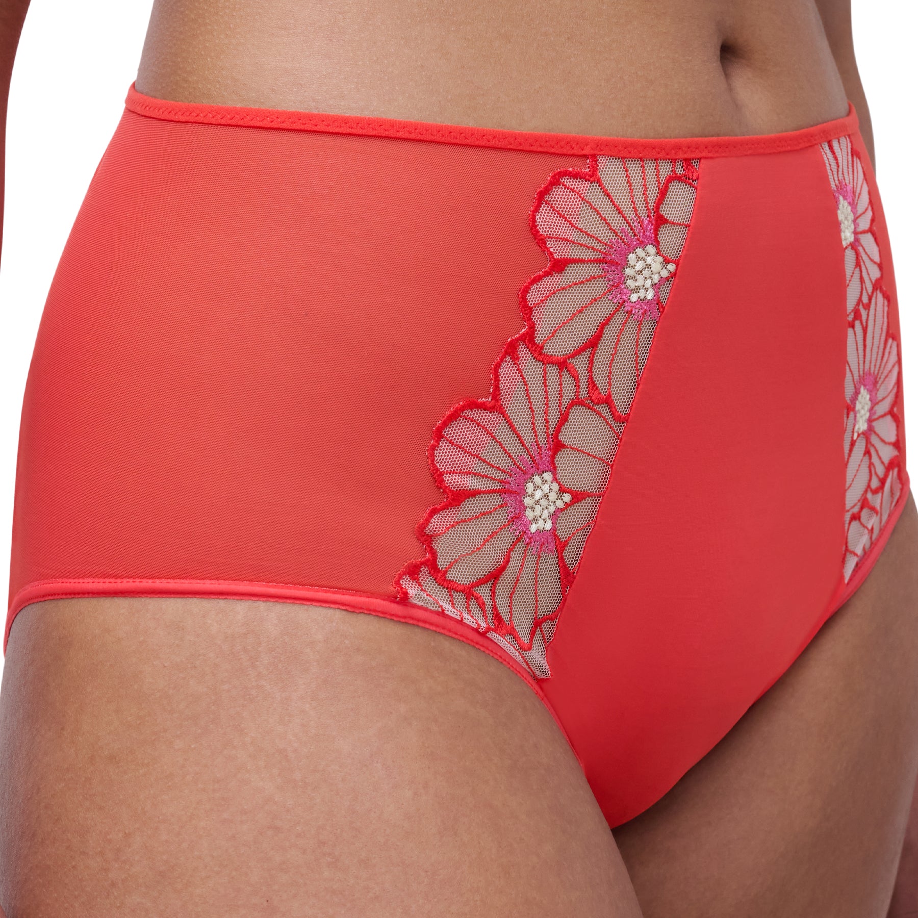 Red women's underwear with floral lace details on a white background