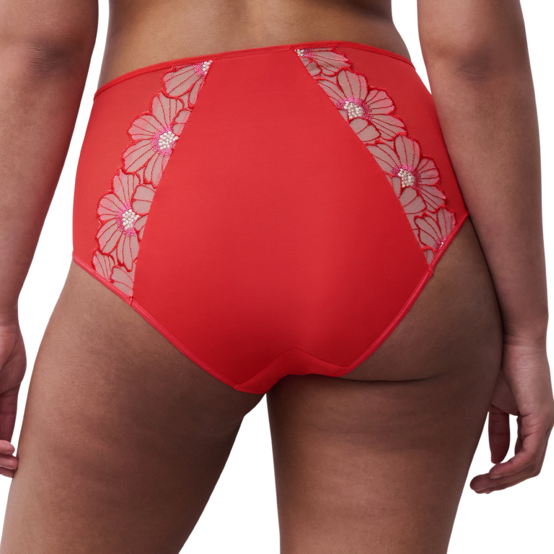 Red high-waisted bikini bottom with floral lace details on a white background