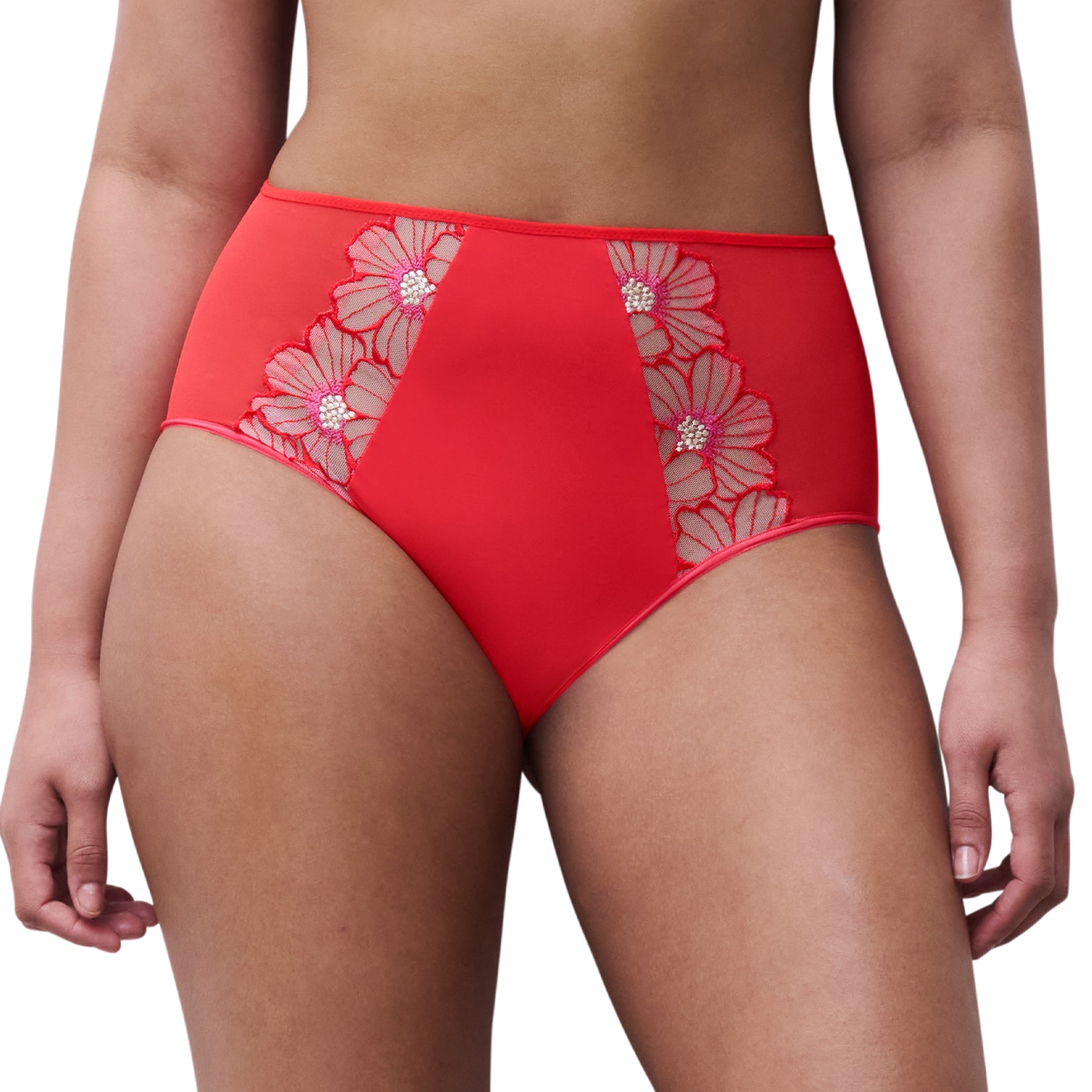 Red high-waisted bikini bottom with floral lace details on a white background