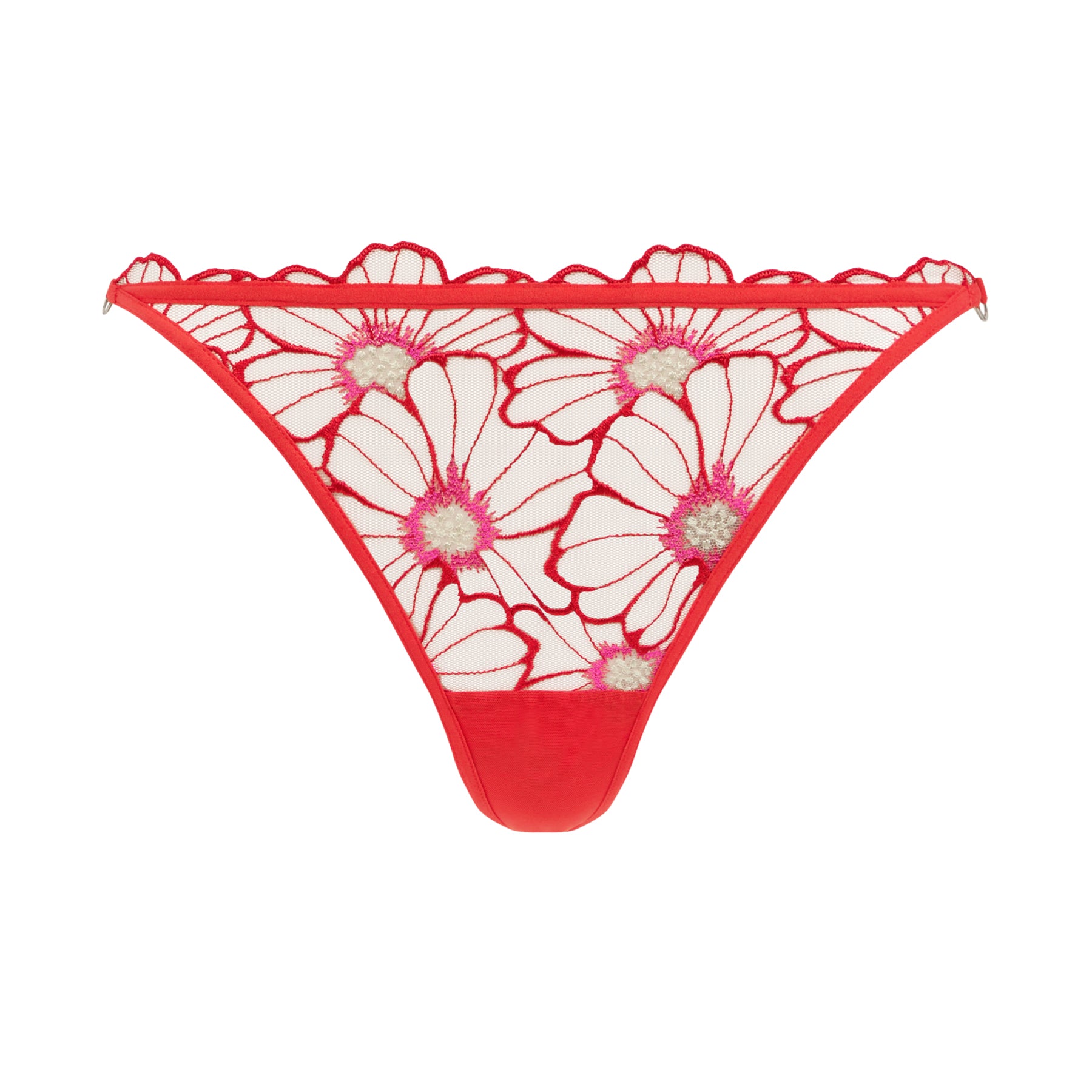 Red bikini bottom with floral pattern on a white background