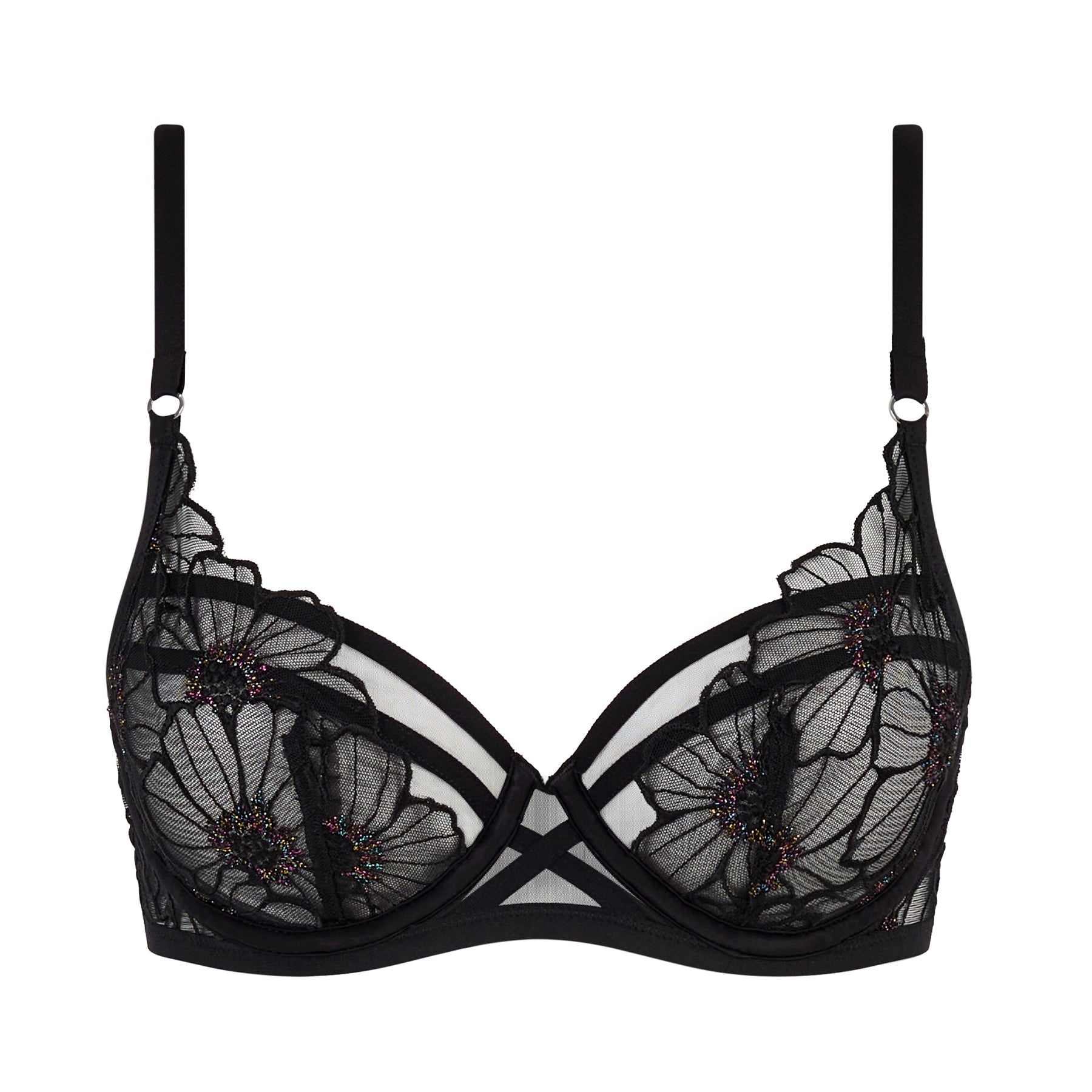 Product image of black floral embroidered plunge bra with sheer mesh cups and strappy centre detail on white background.