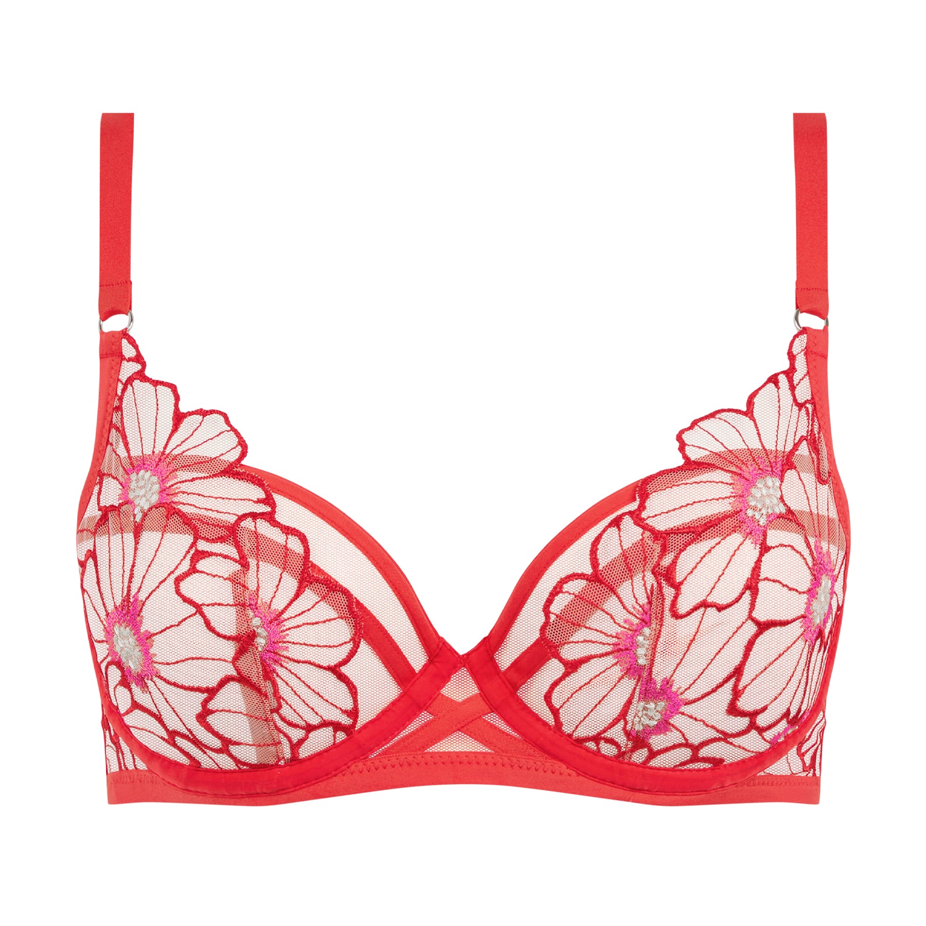 Red bra with floral lace details on a white background