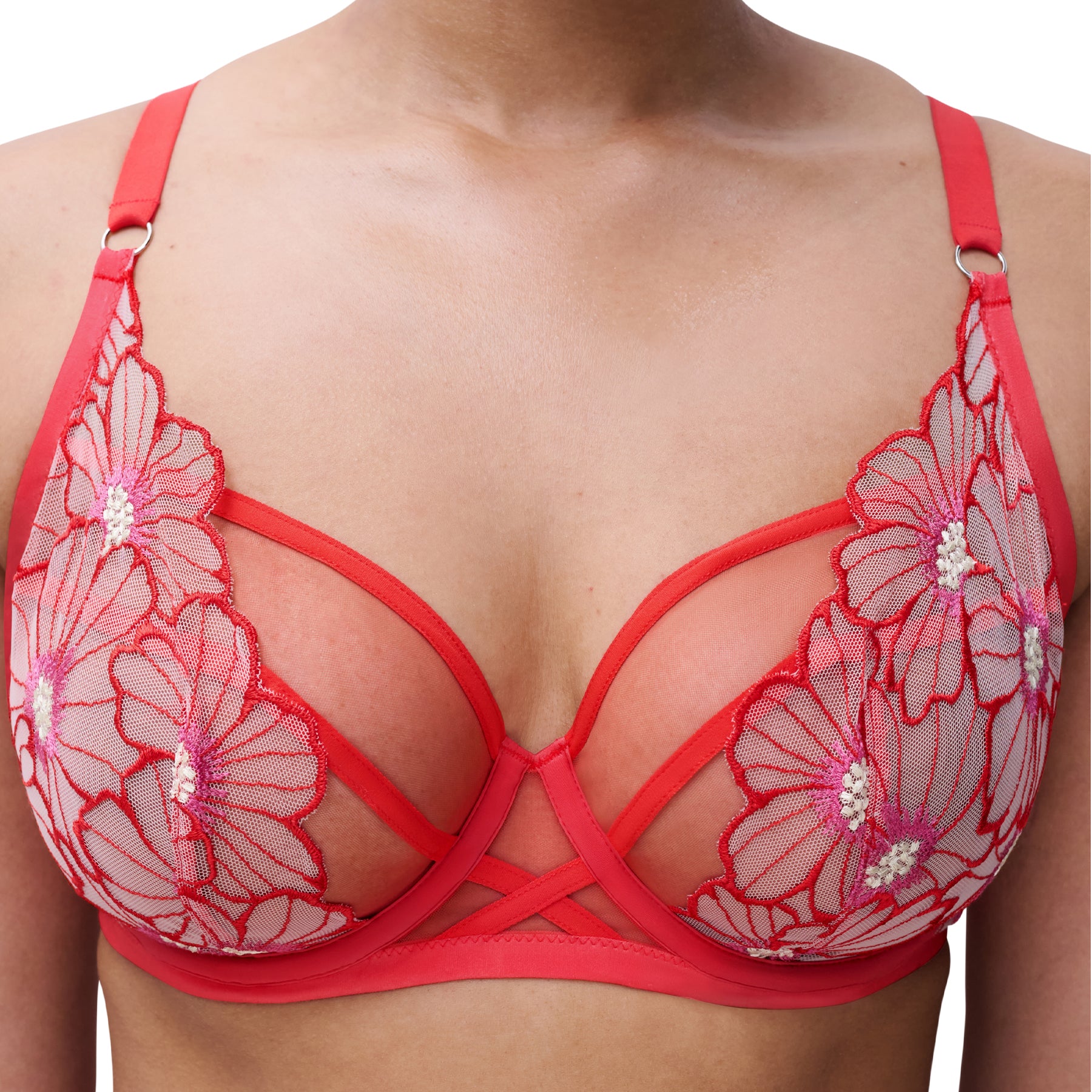 Red bra with floral lace details on a white background