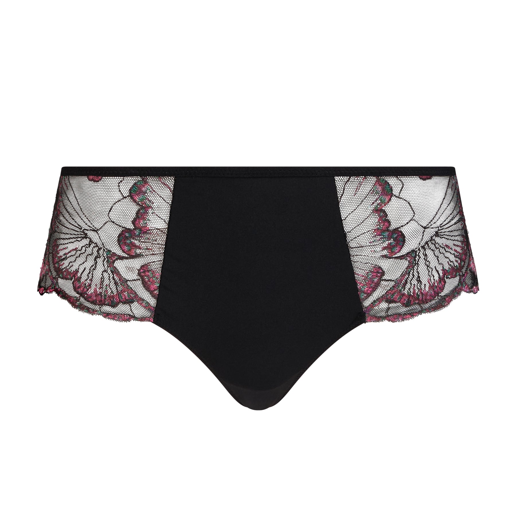 Front view of black embroidered lace briefs with floral detailing on the sides.