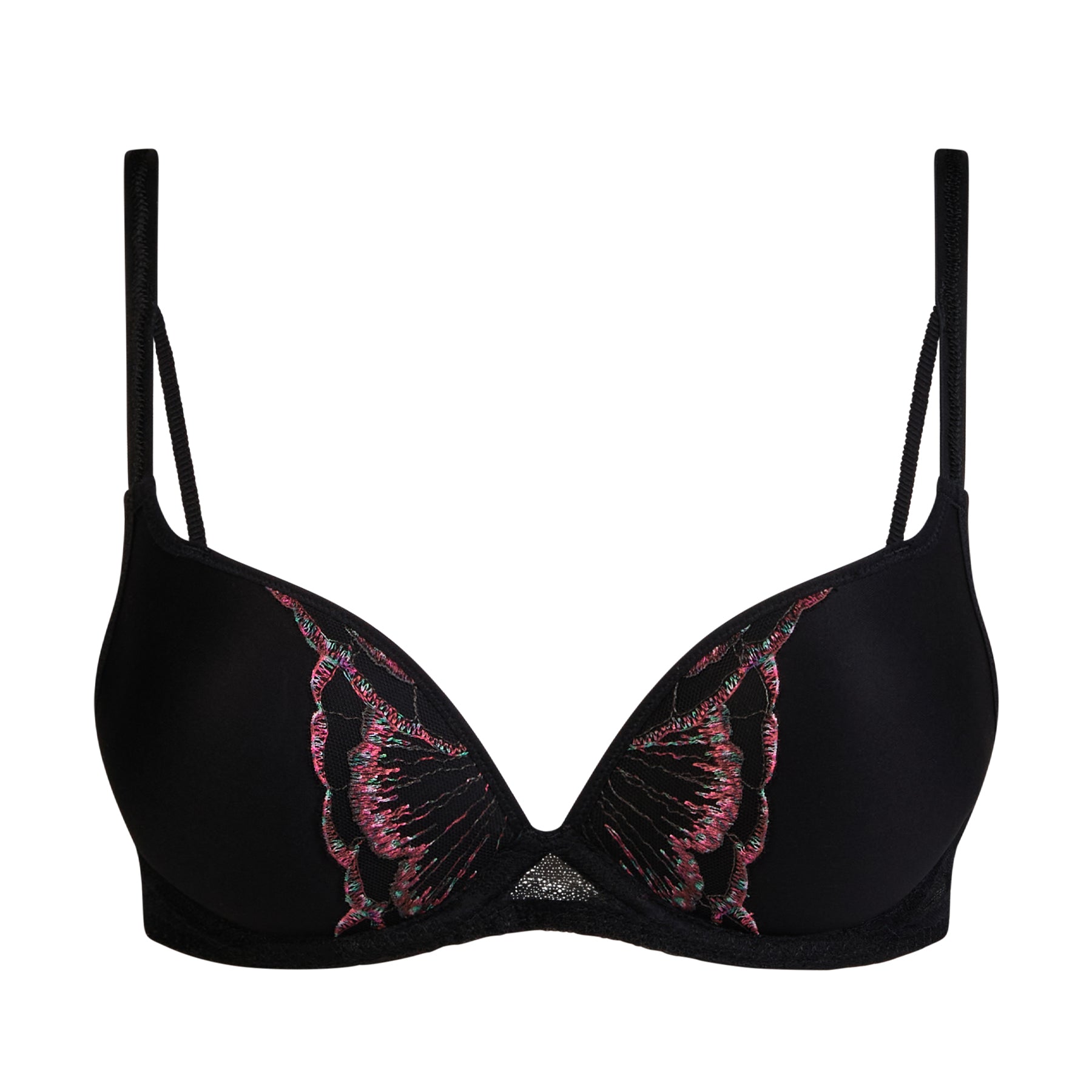 Front view of black bra with colourful butterfly embroidery on cups.