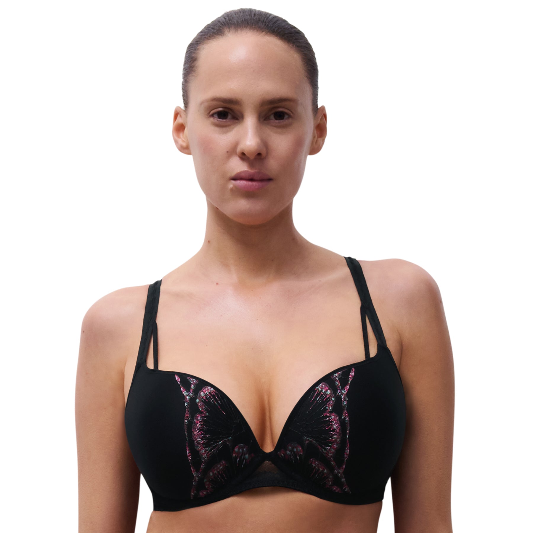 Model wearing black bra with butterfly embroidery, front-facing view.