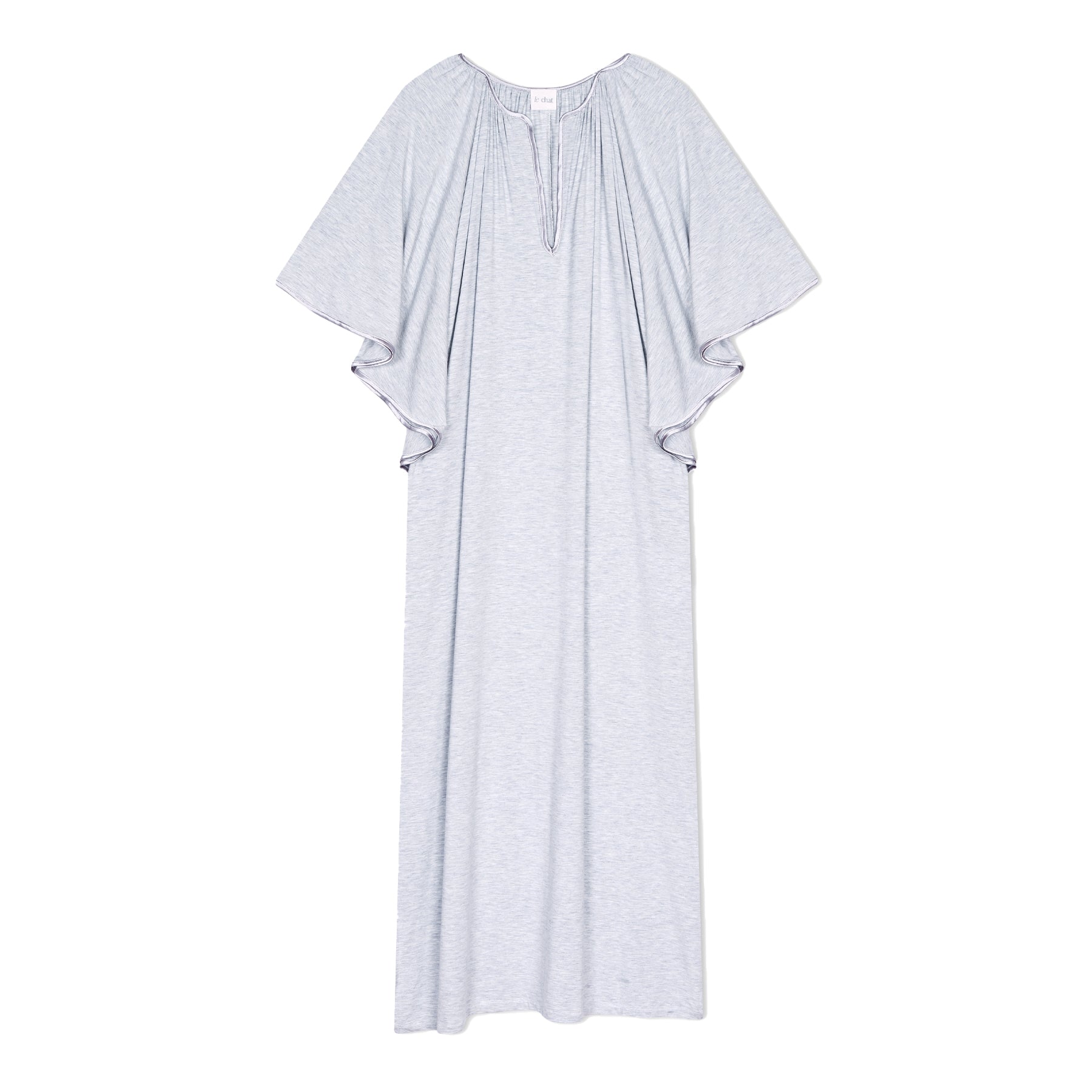 Light grey heather nightgown with flutter sleeves, V-neckline with pleated detail and relaxed fit, front view on white background