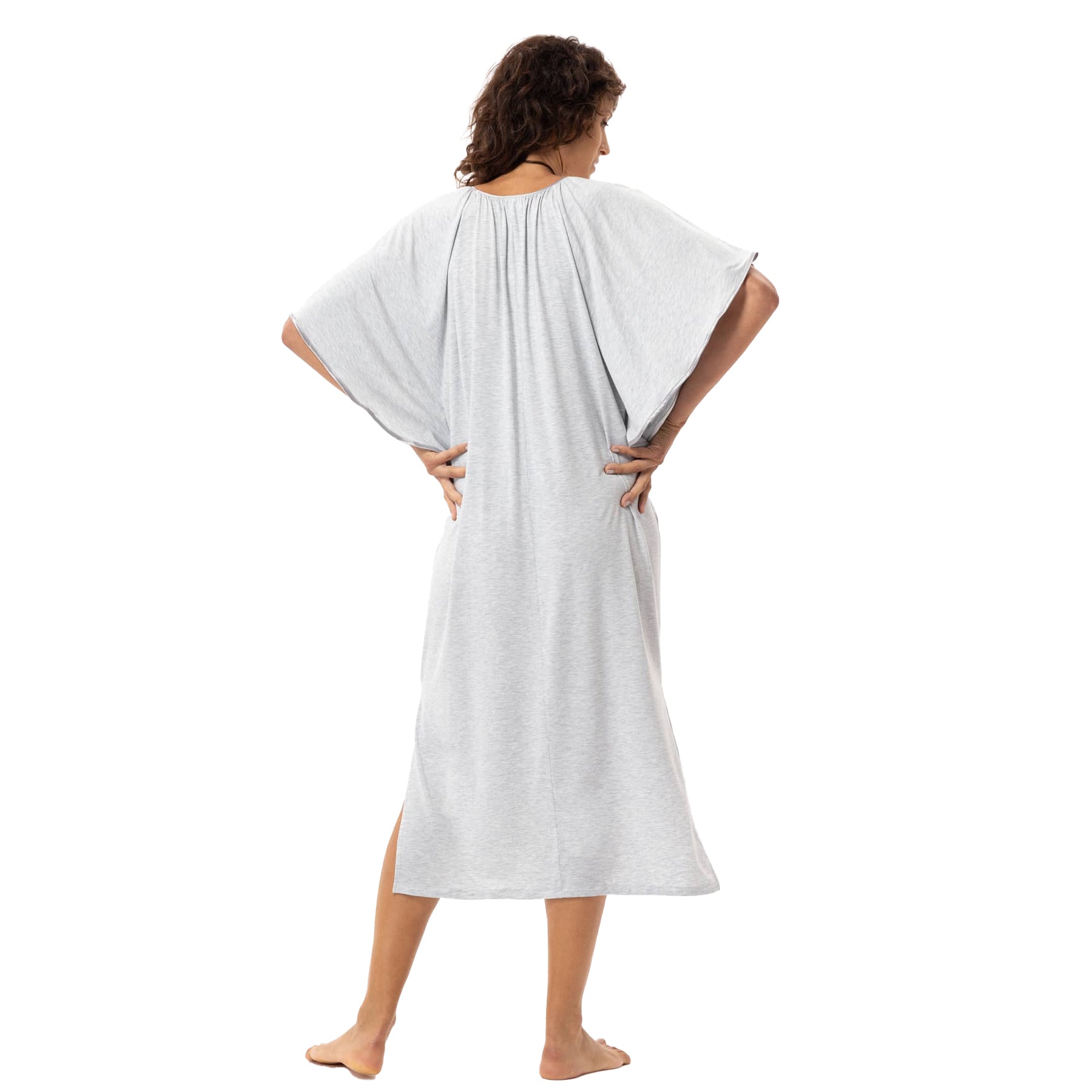 Back view of light grey heather nightgown with wide flutter sleeves and loose, comfortable fit