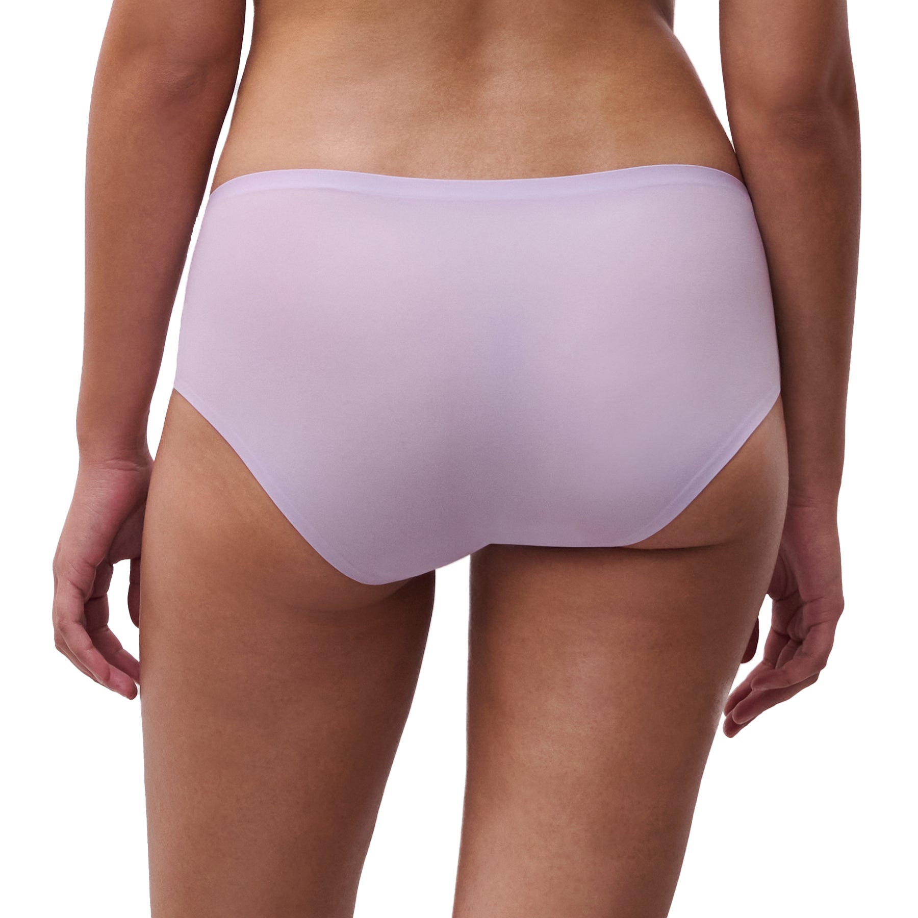 A model wearing a lavender Shorty in purple colour from Chantelle on the white background, back view.