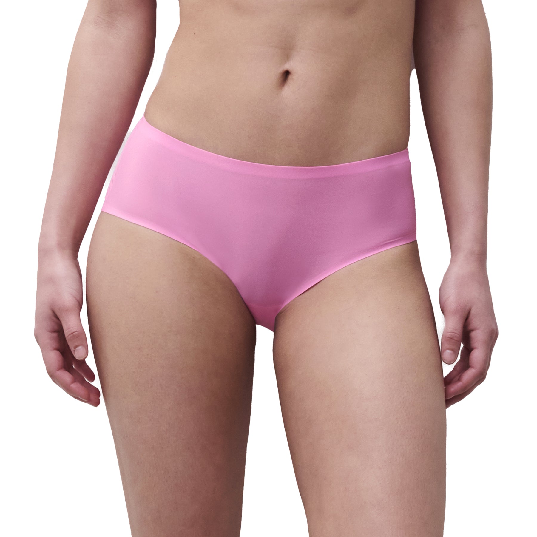 Close-up front view of a peony pink seamless bikini brief featuring soft stretch fabric and a comfortable low-rise fit.