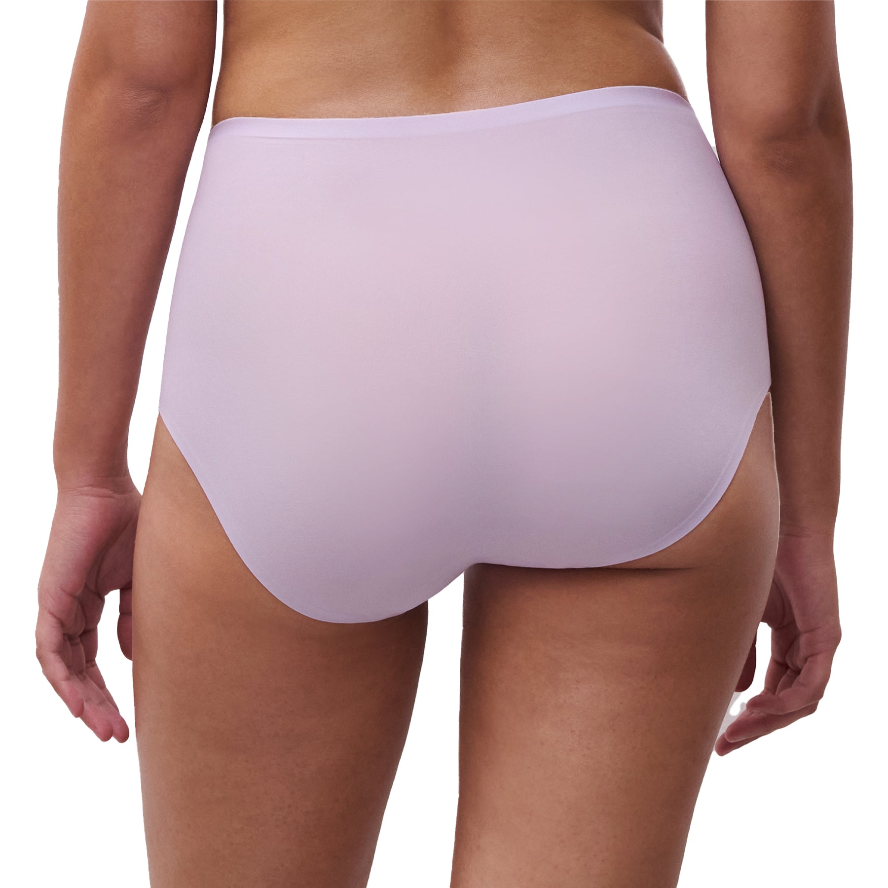 A model wearing a lavender chantelle full brief on the white background, back view.