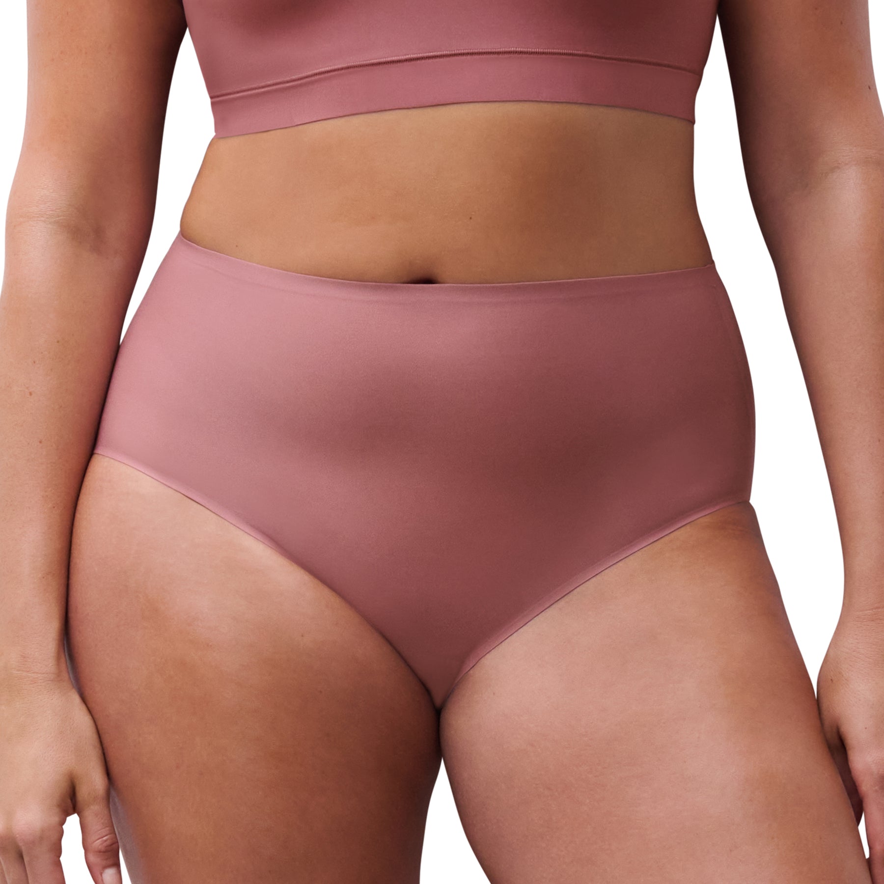 Mauve high-waisted bikini bottom on a white background