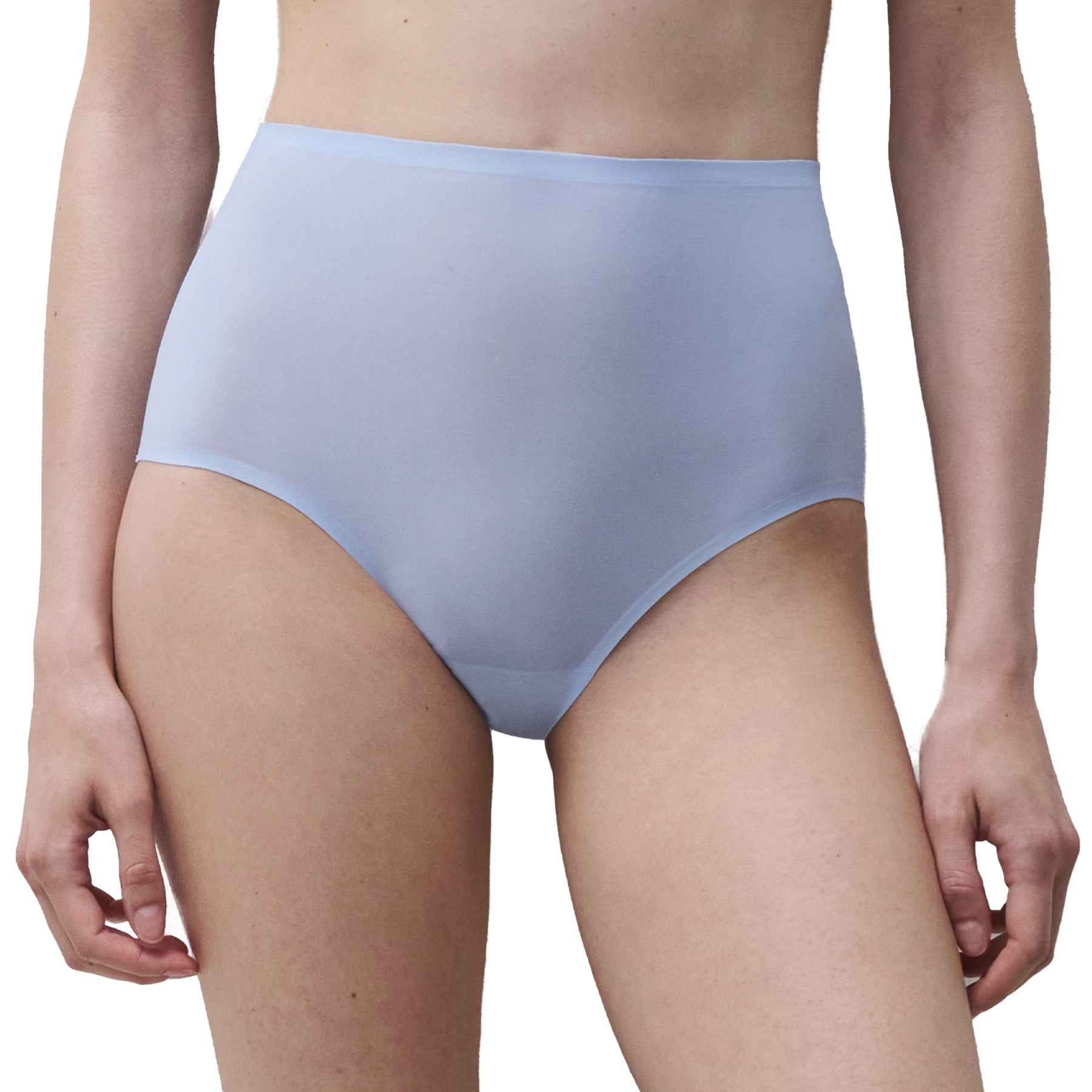 Close-up front view of icy powder blue seamless briefs with a smooth stretch fabric and invisible silhouette under clothing