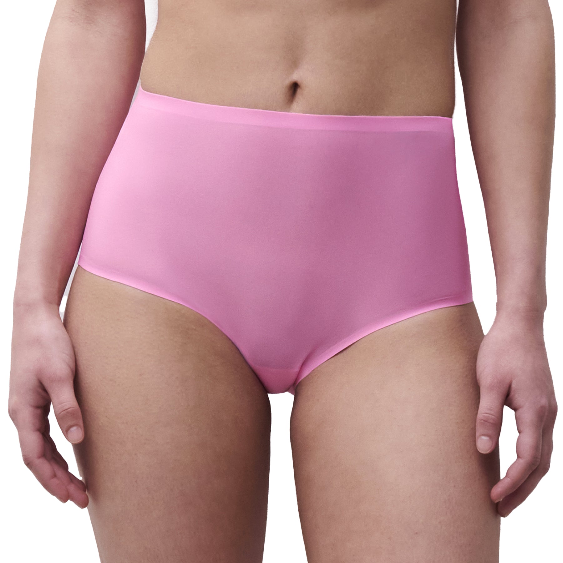 Close-up front view of peony pink seamless briefs with a soft stretch fabric and invisible silhouette under clothing
