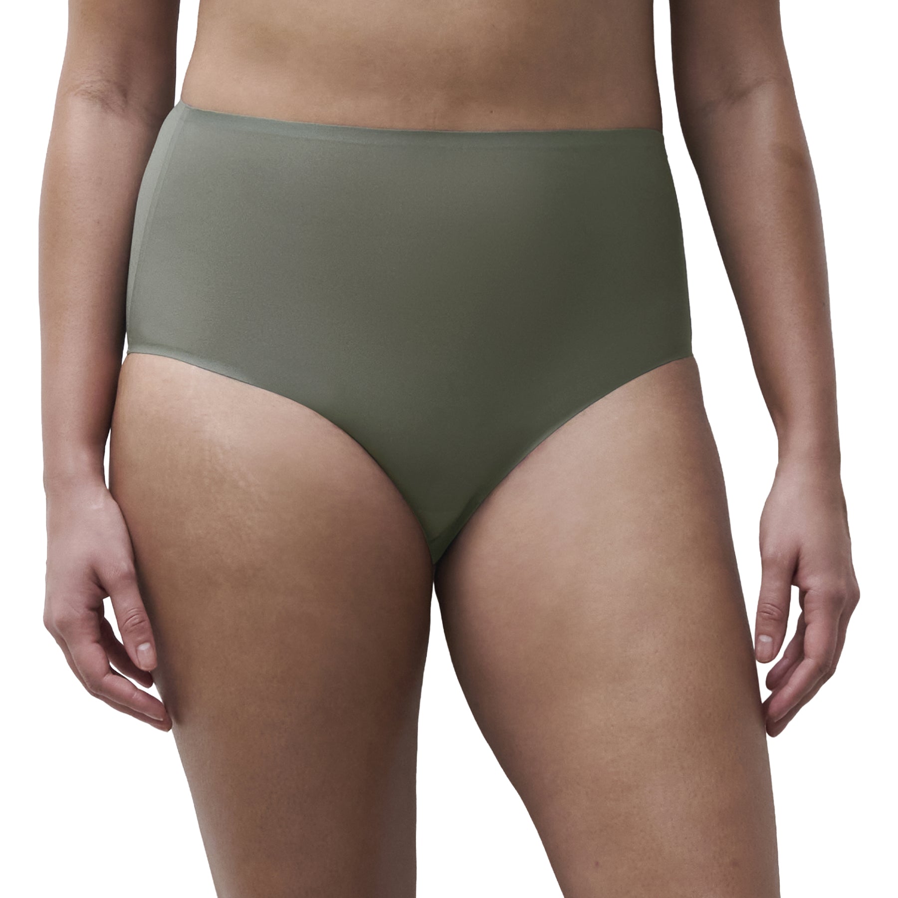 Model wearing the Chantelle Norah Full Brief in Vert Argile, highlighting the high-rise silhouette, full coverage, and smooth everyday comfort.