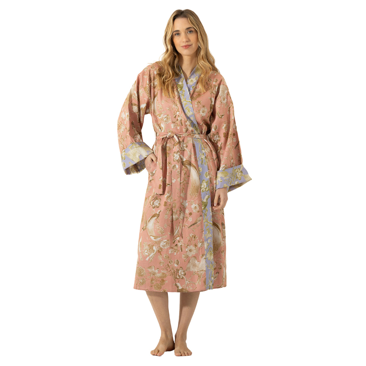 Dusty pink botanical and bird print robe with lavender floral trim, long sleeves, midi length and self-tie waist belt.