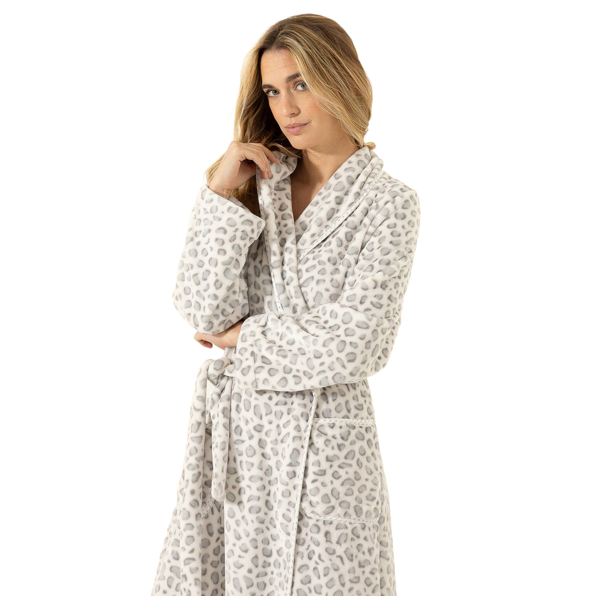 Close-up of a Le Chat ivory and grey leopard print robe featuring a soft shawl collar, matching waist tie, long sleeves, and front patch pocket.