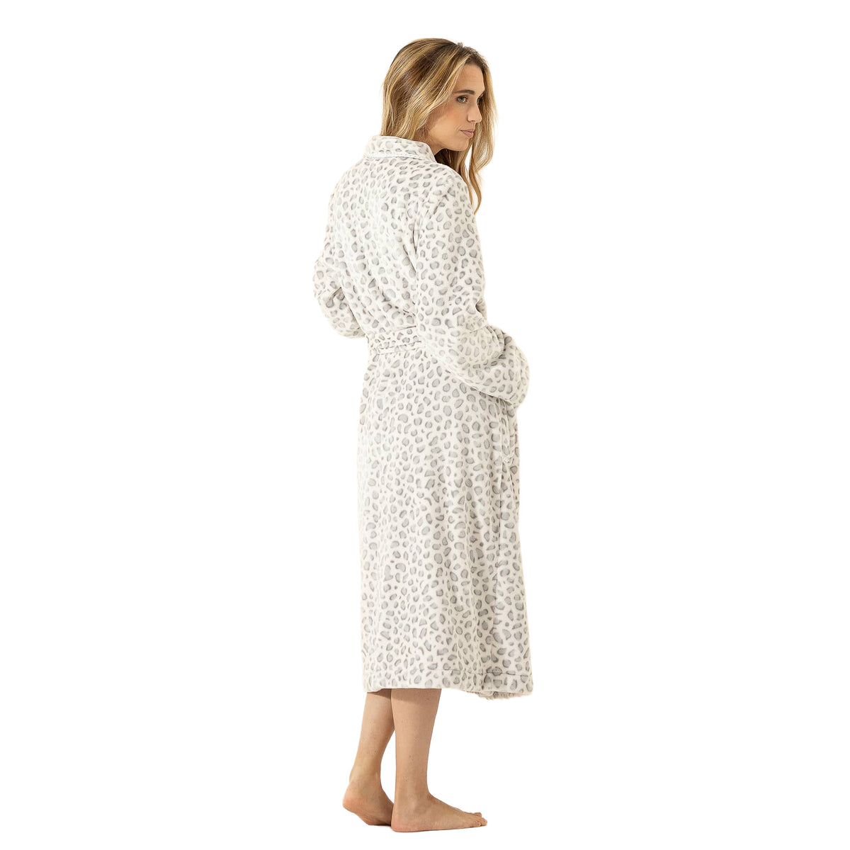 Model showing the back and side view of a Le Chat long fleece robe in ivory with a grey leopard print, long sleeves, and a matching waist belt.