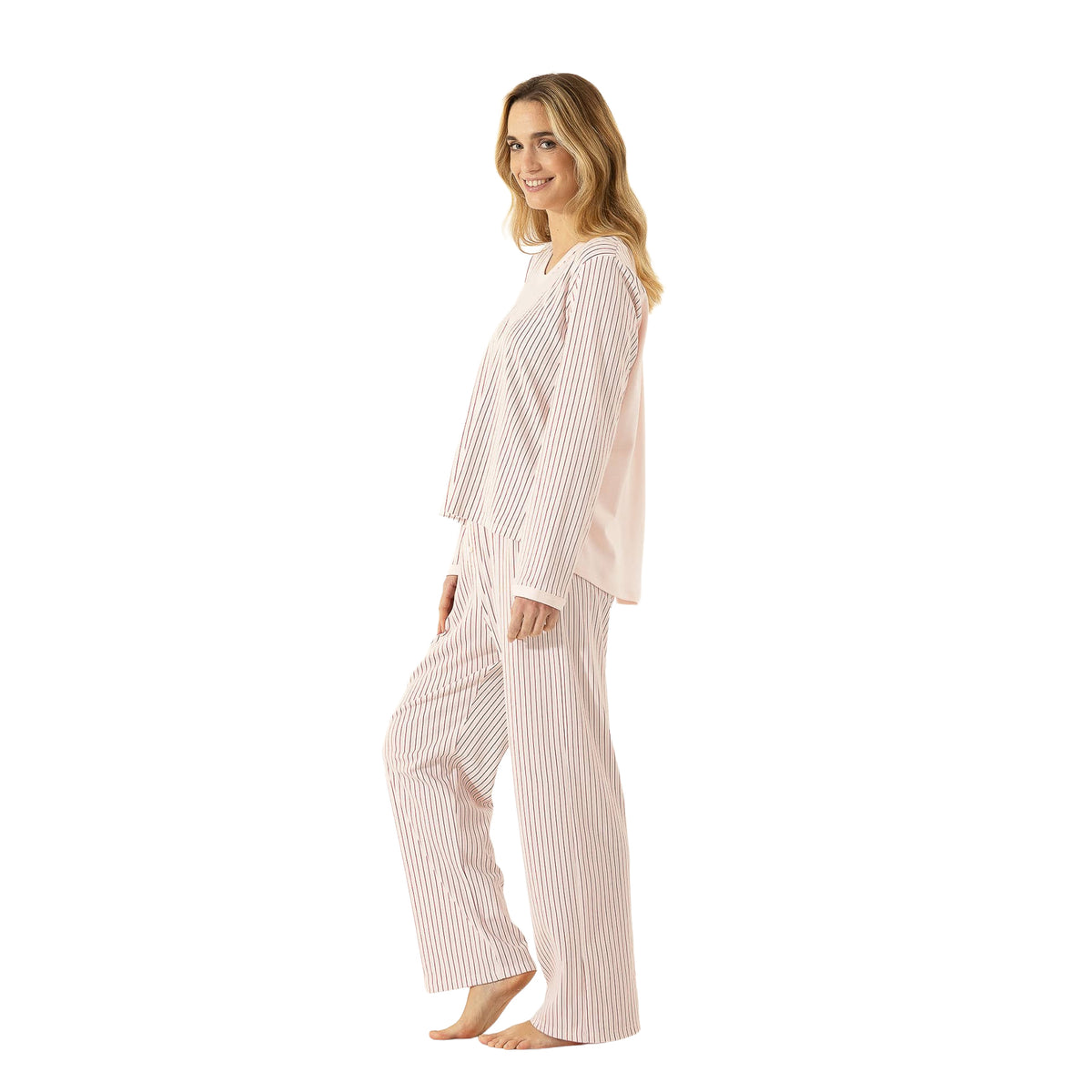 Side view of a blush pink striped pajama set featuring a contrasting solid pink back panel.