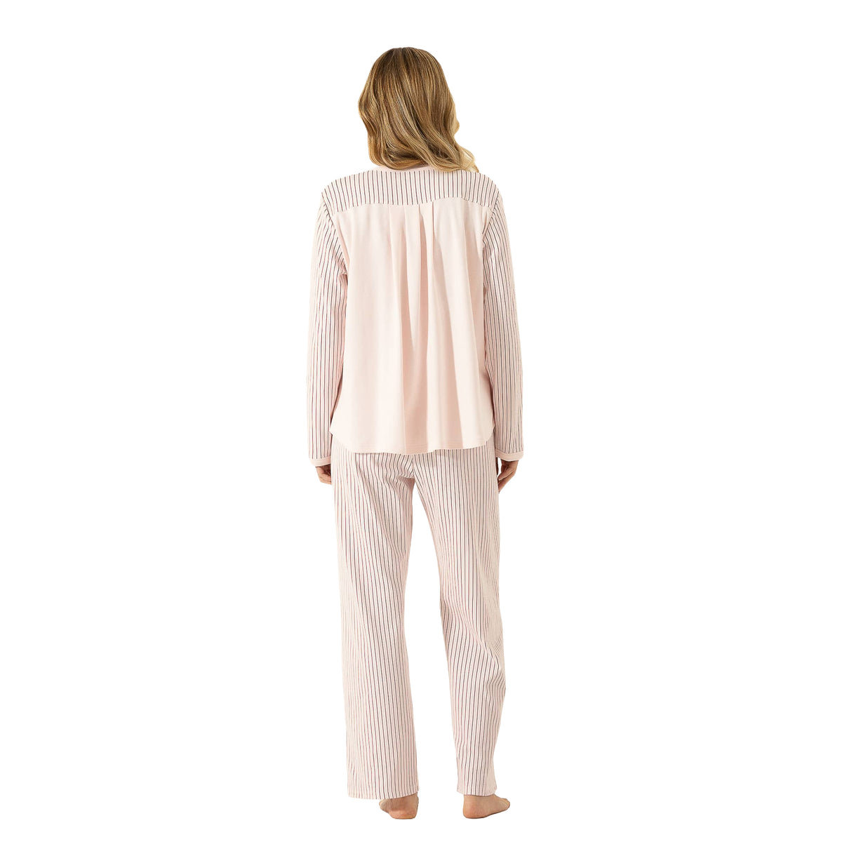 Back view of a blush pink pajama set with striped sleeves and pants and a flowing solid pink back panel.