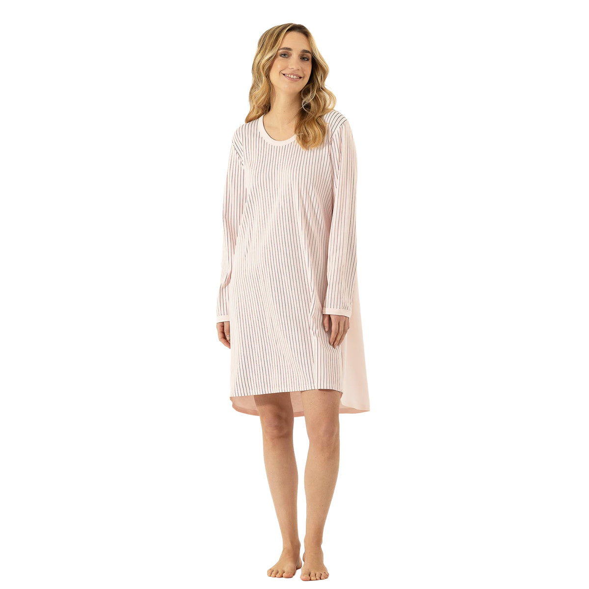 Full-length front view of a blush pink striped long-sleeve nightgown with a softly curved hem.