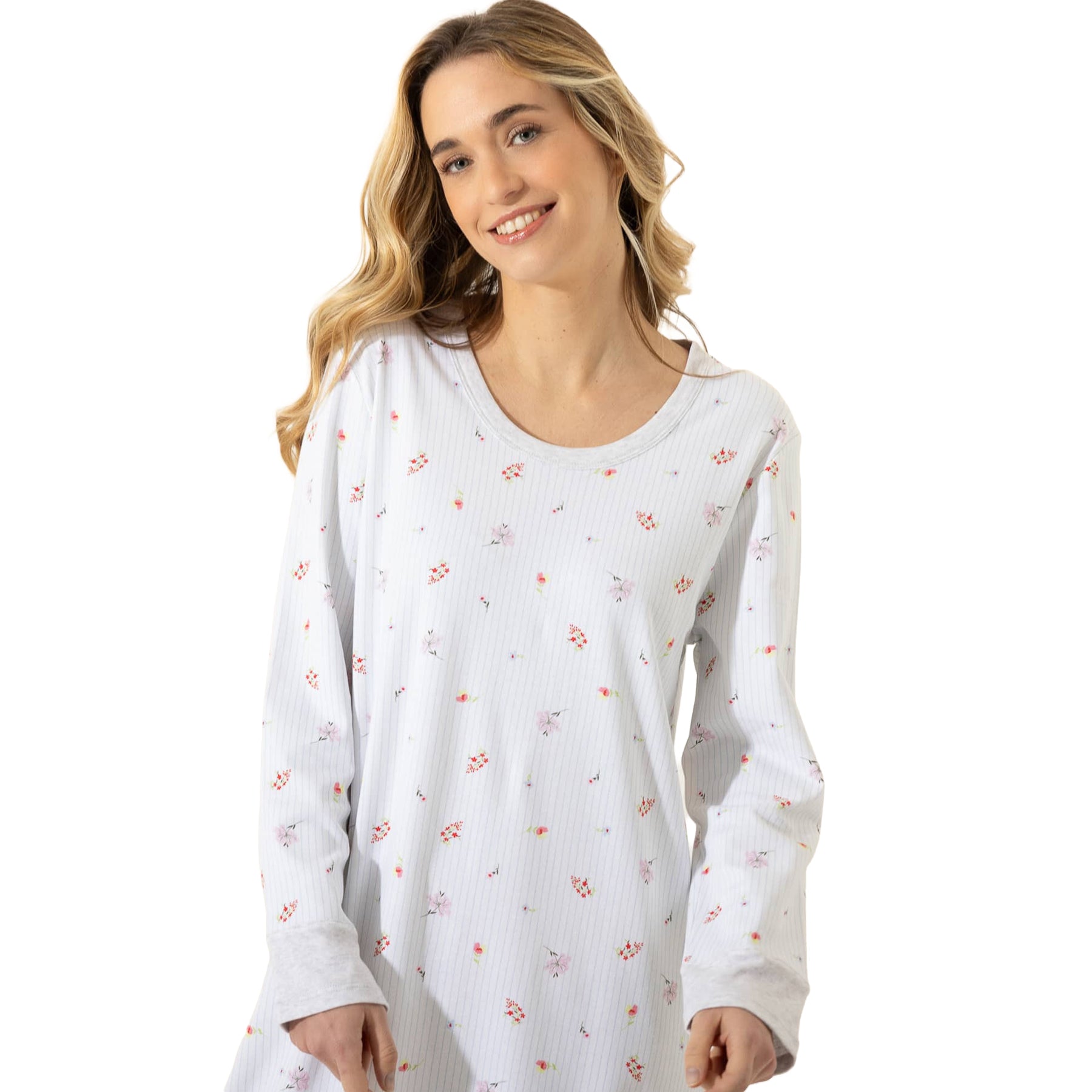 Woman wearing a long white nightgown with delicate mini floral print, subtle pinstripes, long sleeves, and soft grey trim.