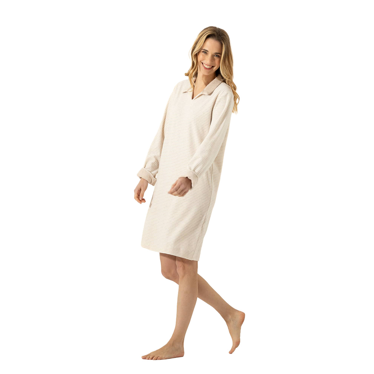 Full-Length View: Woman modeling a beige and cream striped long-sleeve nightgown with a collared neckline and comfortable relaxed shape.