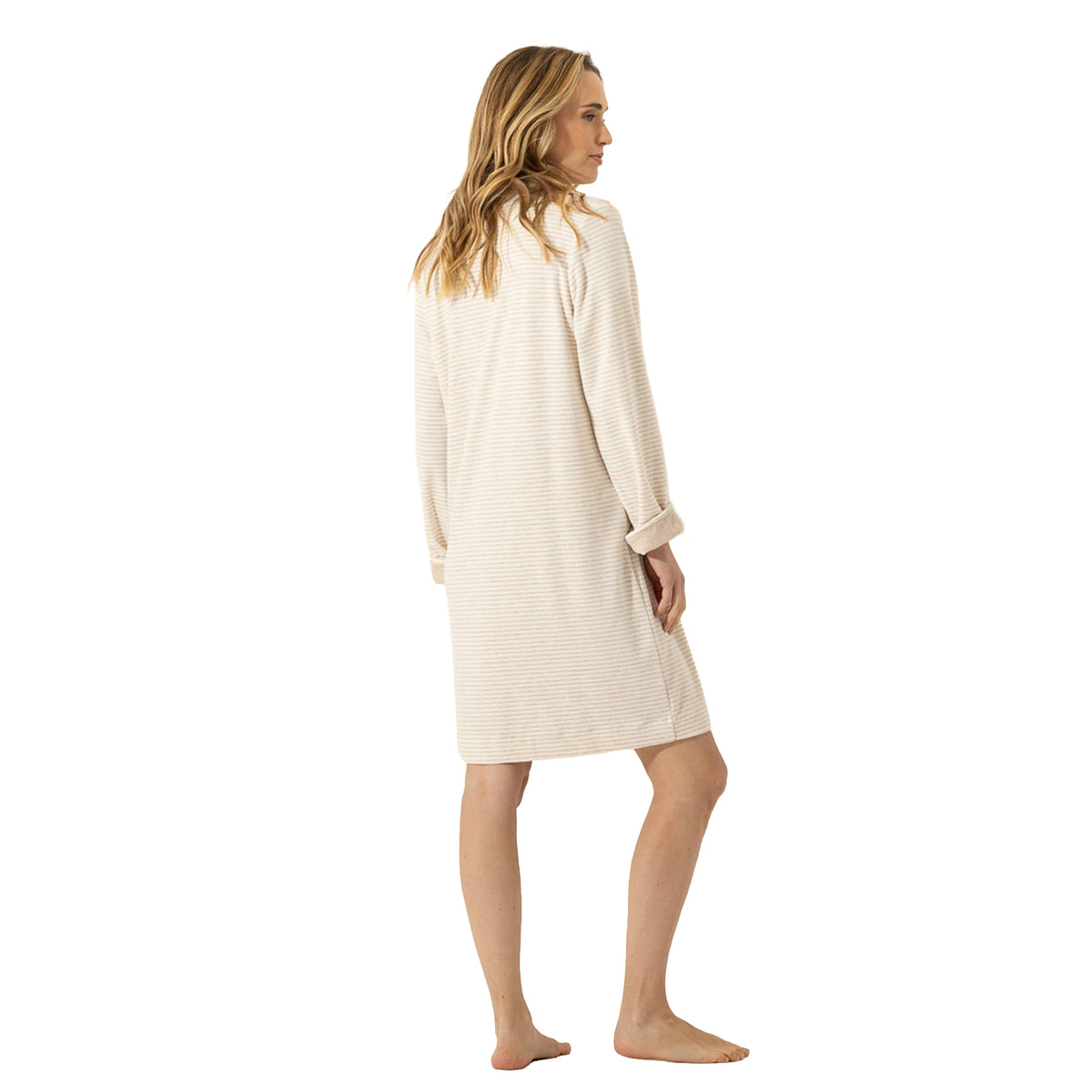 Back View: Back view of beige and cream striped long-sleeve nightgown with a relaxed straight silhouette and soft rolled cuffs.