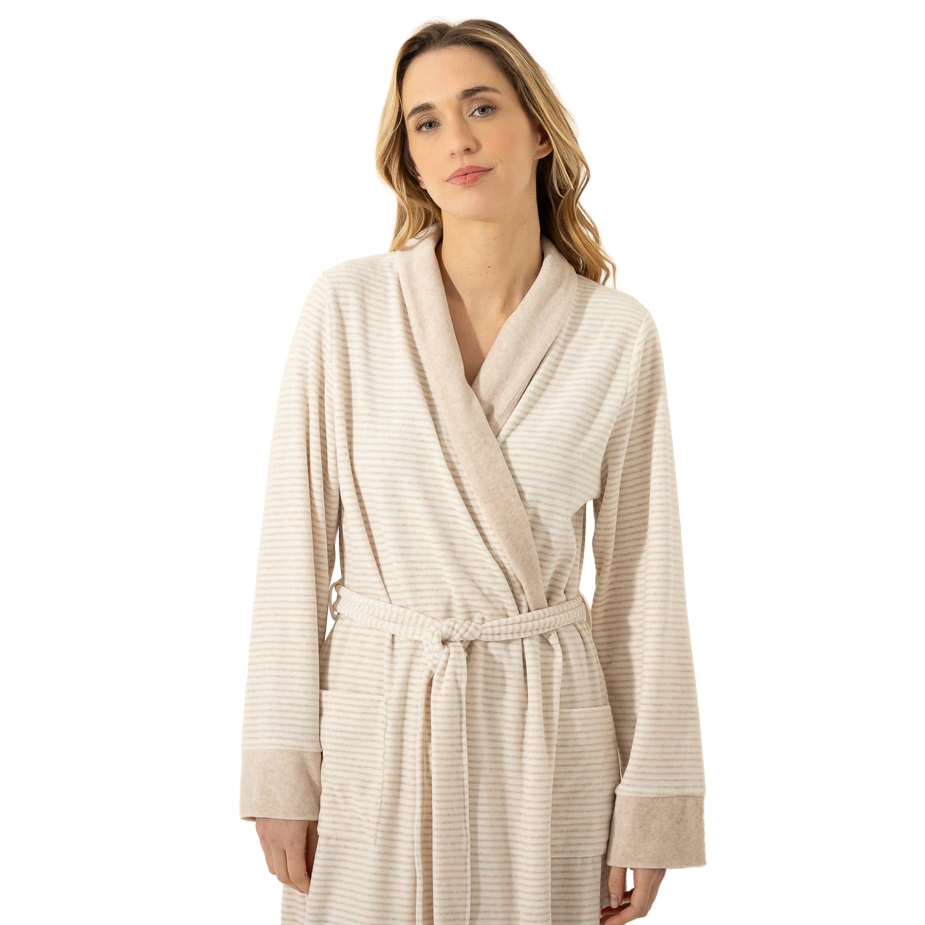 Close-up of beige striped robe featuring a soft contrast shawl collar, matching waist belt, and wide cuffs.