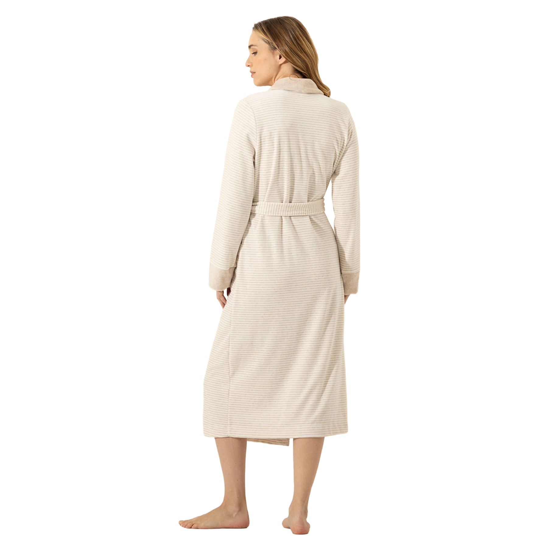 Back view of long beige striped robe with a belted waist, contrast collar and cuffs, and relaxed mid-calf silhouette.