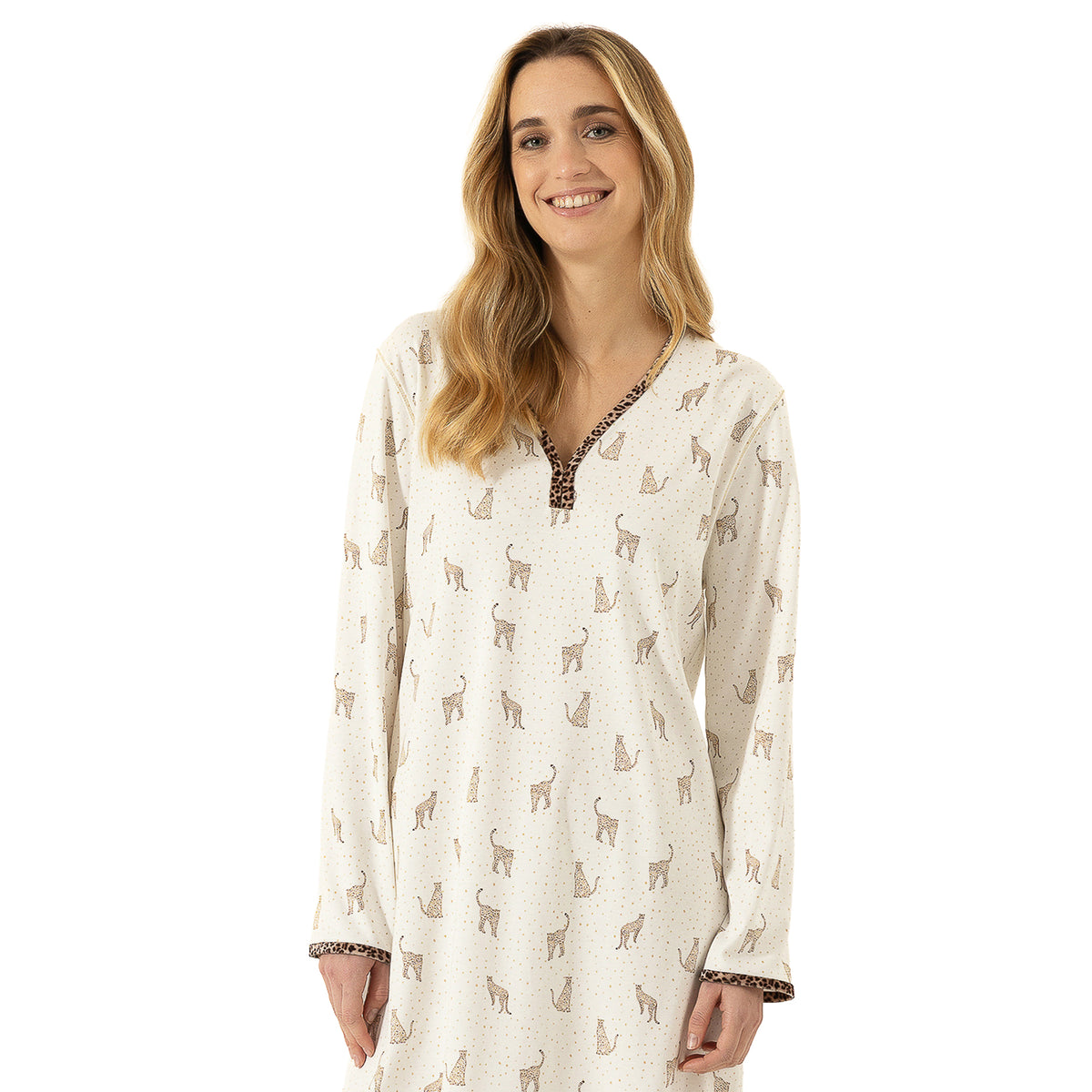 Close-up of ivory leopard print sleep gown featuring a V-neckline, long sleeves and coordinating animal print trim.