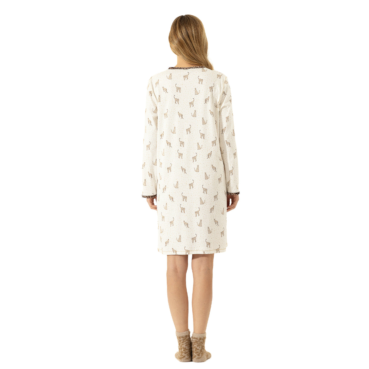 Back view of ivory long-sleeve leopard print sleep gown with a relaxed knee-length silhouette and contrast trim.