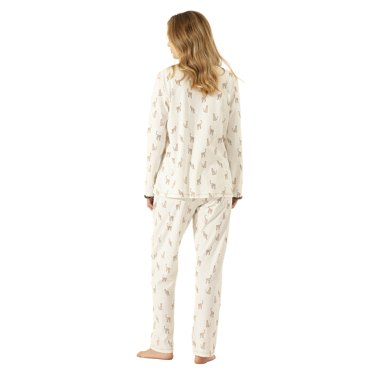Back view of ivory leopard print pajama set featuring a relaxed silhouette and straight-leg pants.