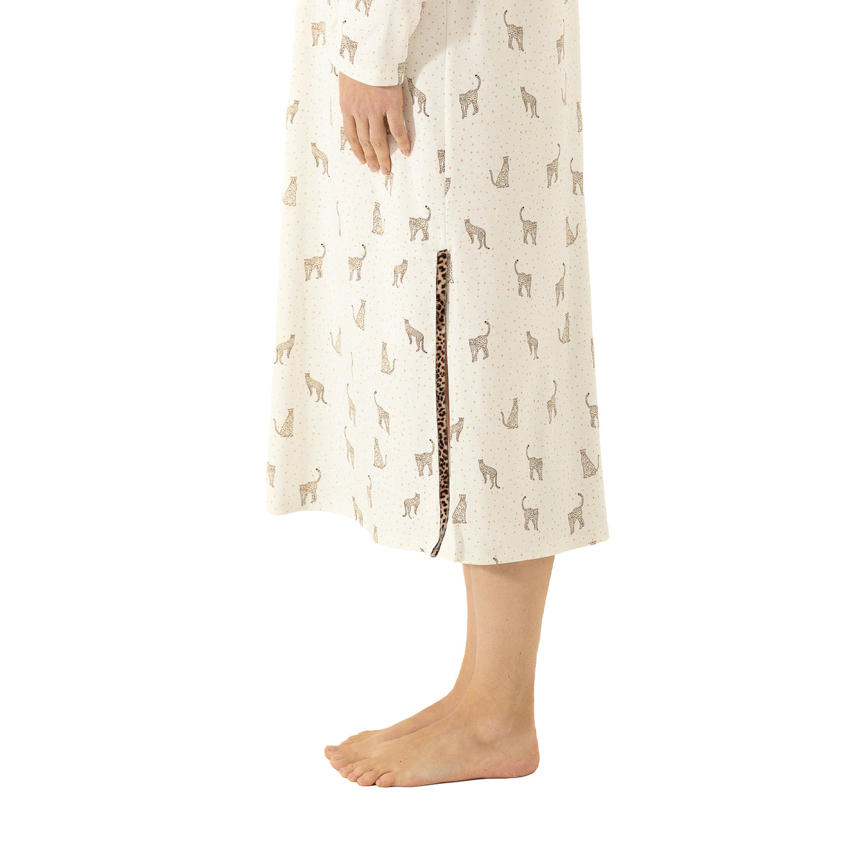 Ivory long cotton nightgown with all-over leopard motif, V-neckline and contrasting leopard-print trim.