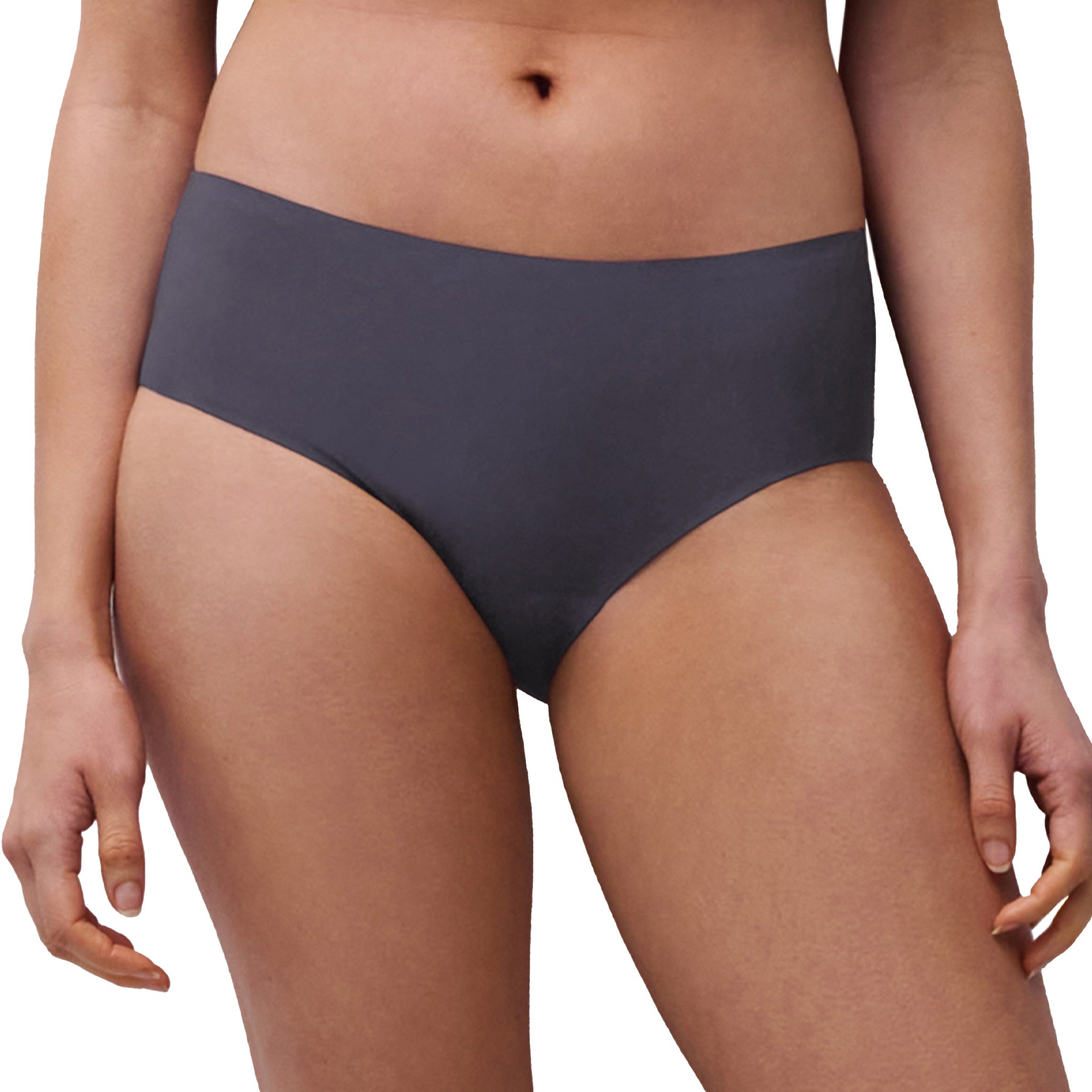 Person wearing dark gray high-waisted bikini bottoms on a white background