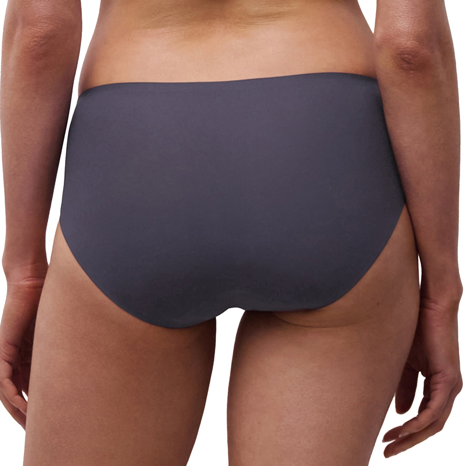 Dark gray bikini bottom worn by a person on a white background