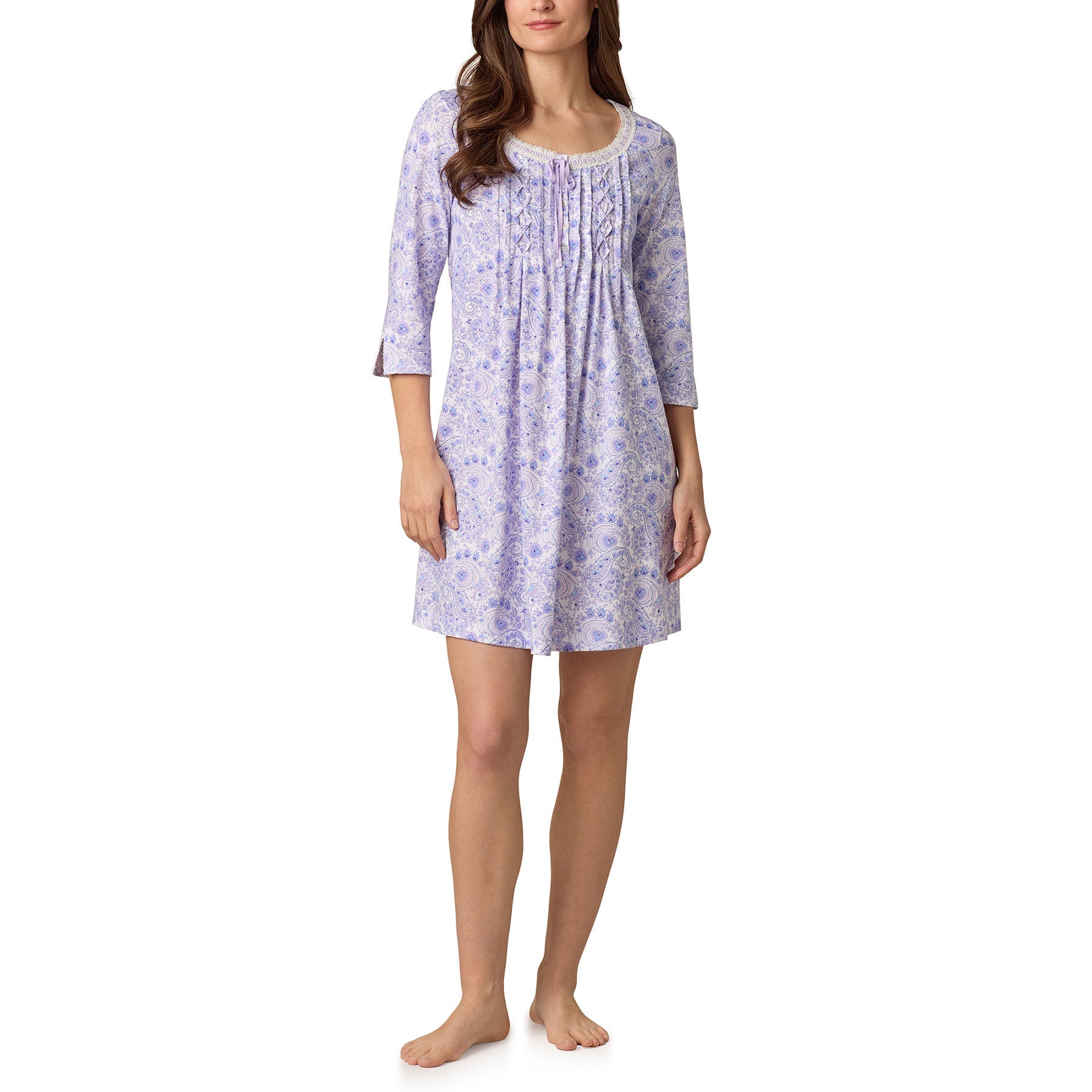 Model wearing paisley cotton chemise with 3/4 sleeves by Carole Hochman
