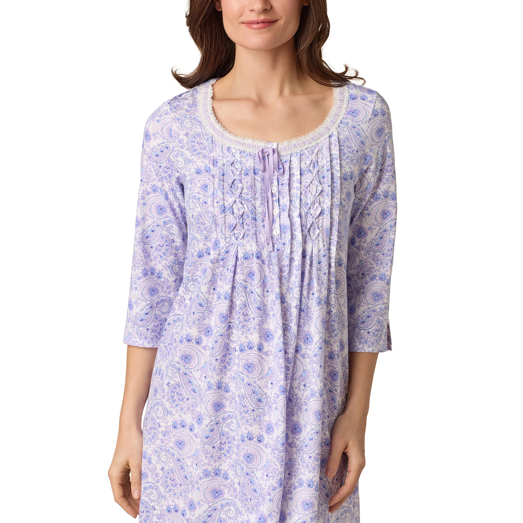 Front close-up of paisley Carole Hochman chemise with lace and button detailing