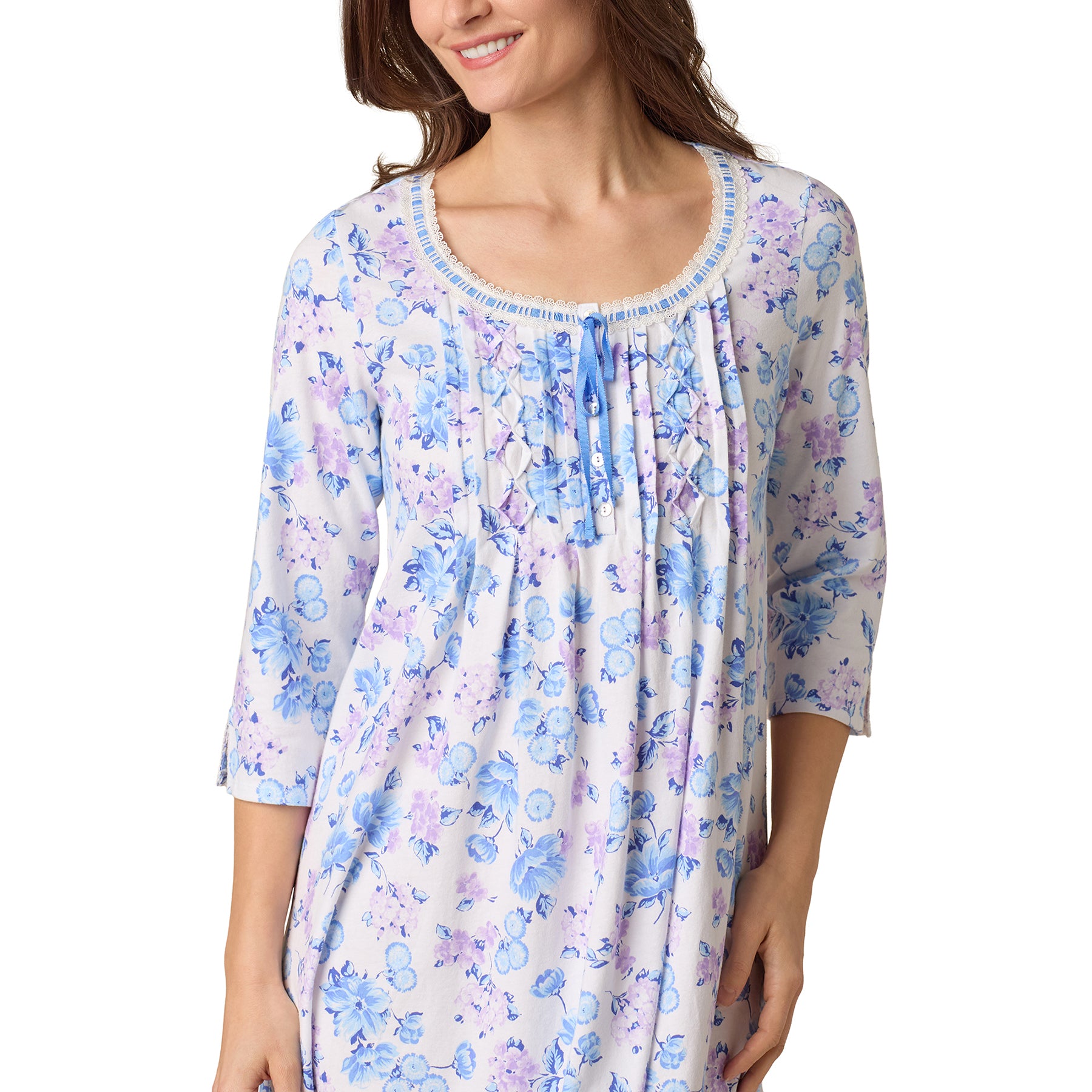 Front detail showing lace neckline and pintucks on floral Carole Hochman chemise