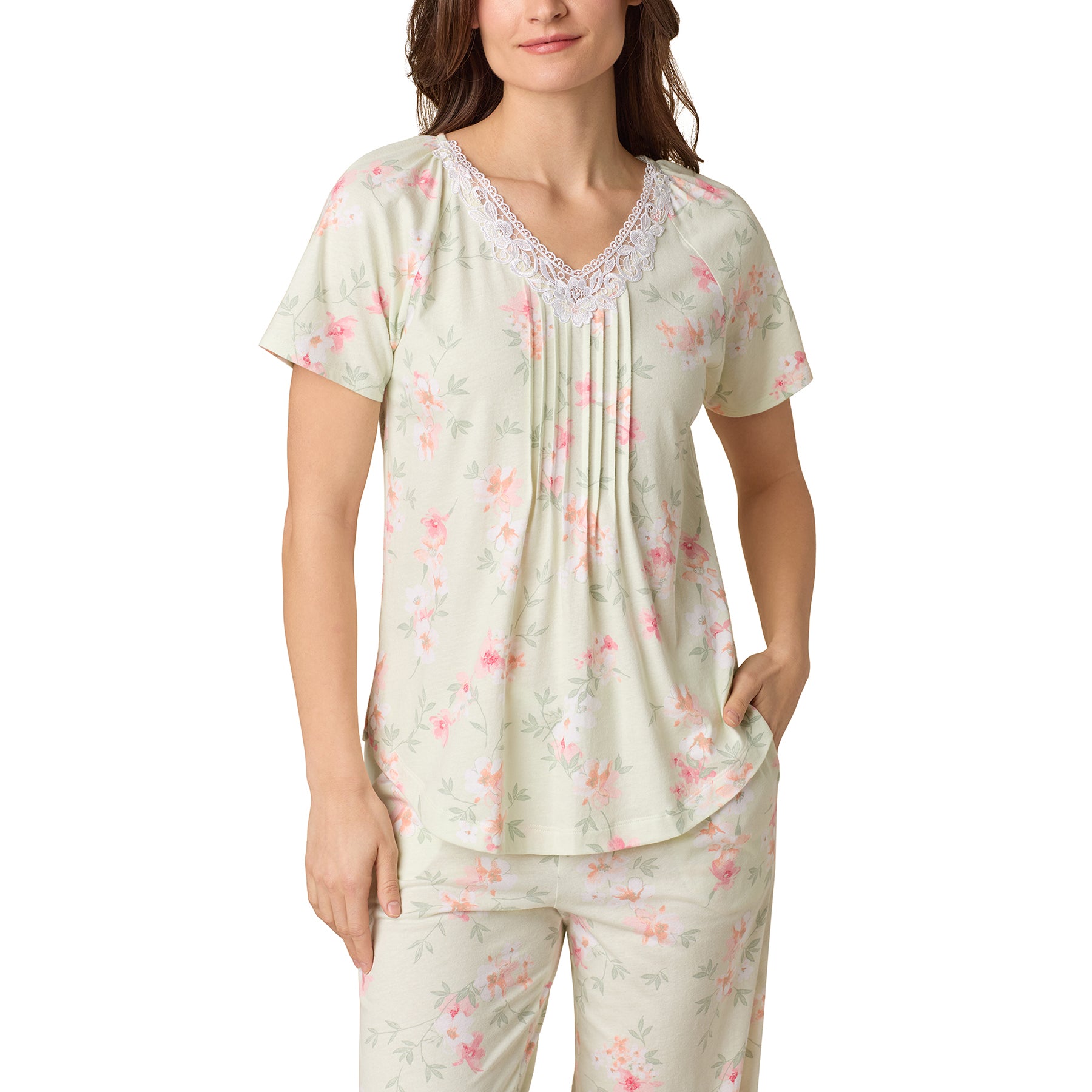 Carole Hochman pastel green floral cotton pajama set - lace neckline detail