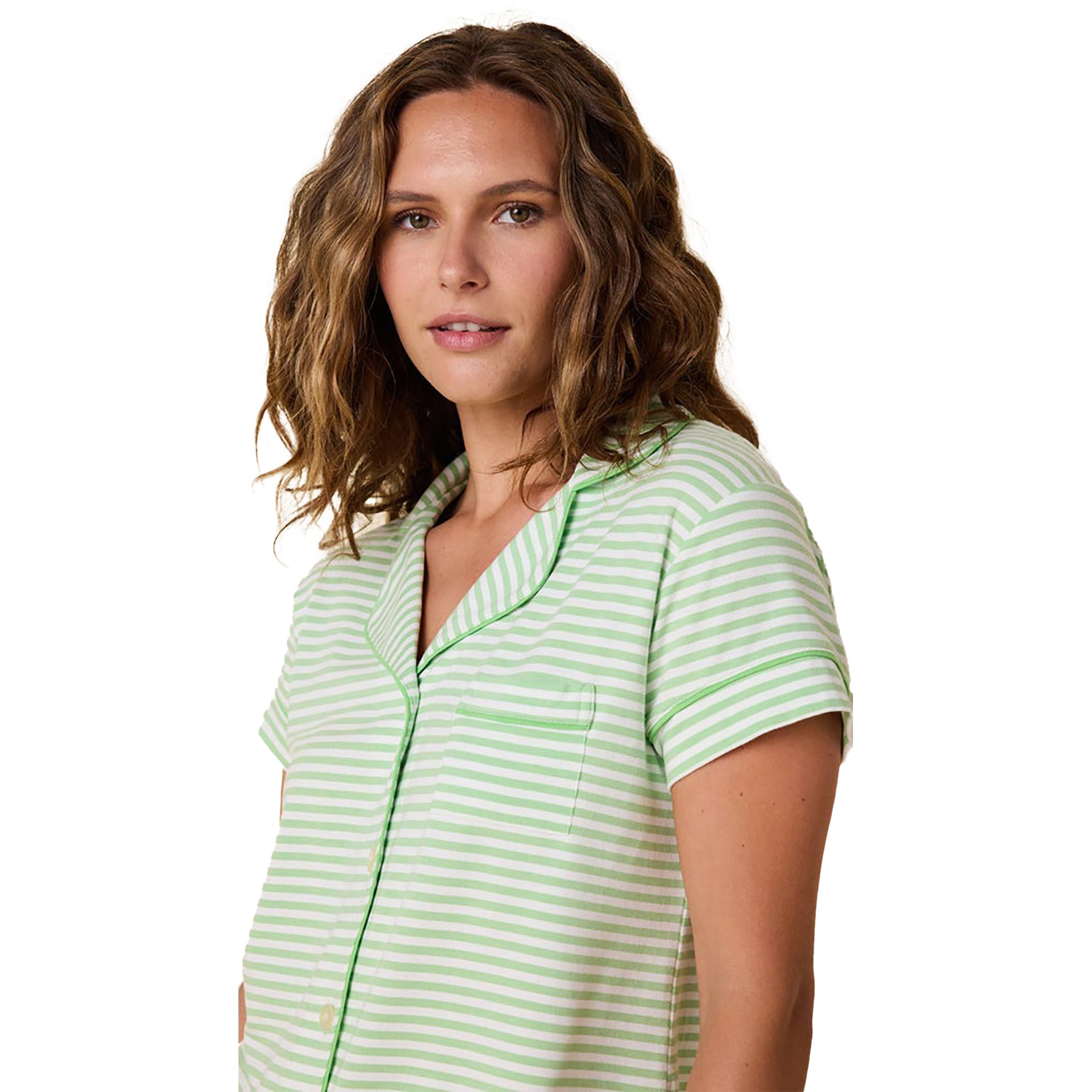 short sleeve button up pj top with matching shorts in a green stripe on a white background. On model front view close up.