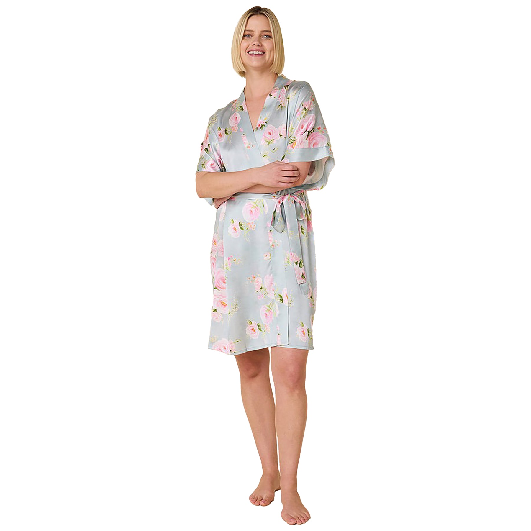 100% silk kimono sleeve short wrap robe in a multicolour floral print on a light blue background. Front view on model.