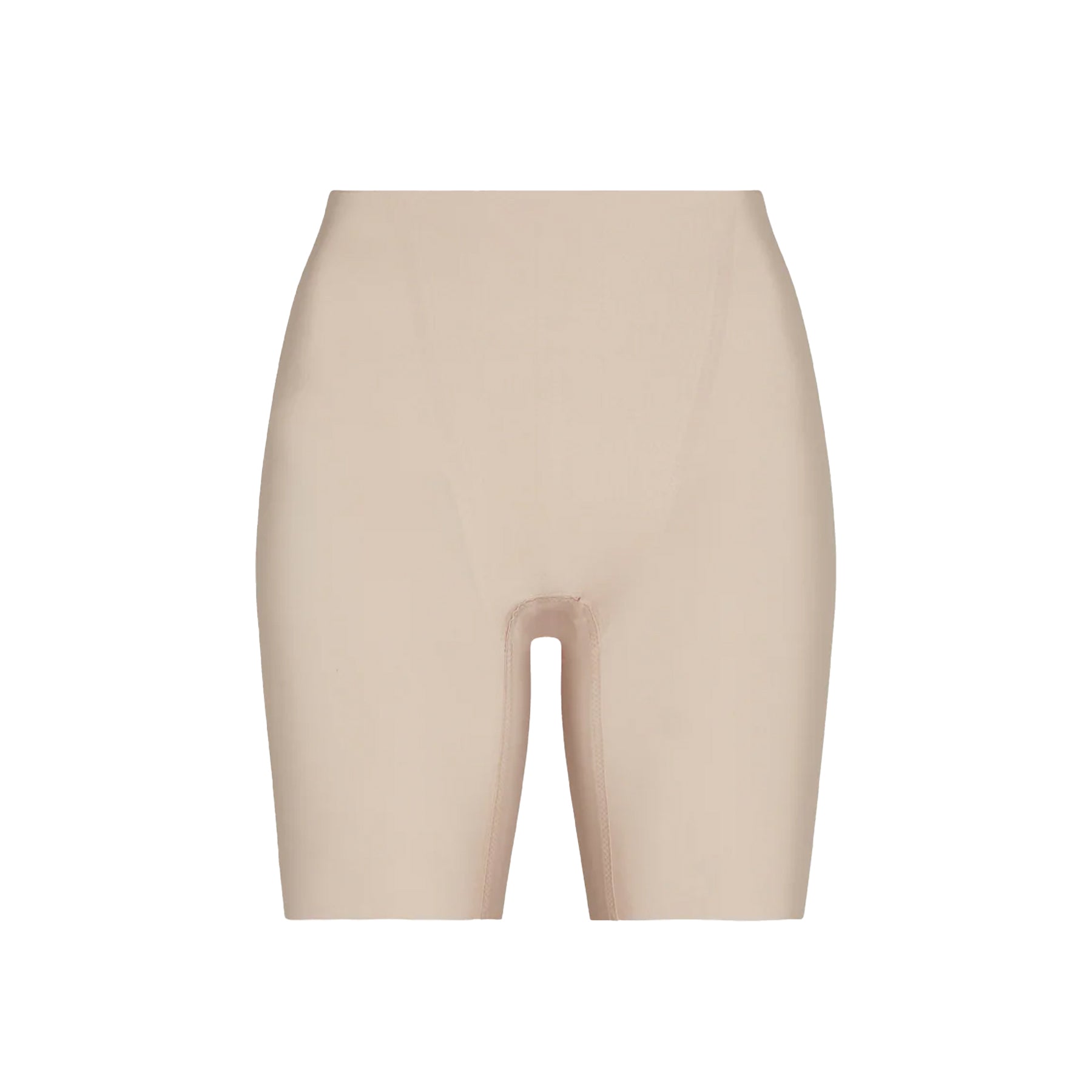 Flat lay of beige high-waist smoothing shorts.