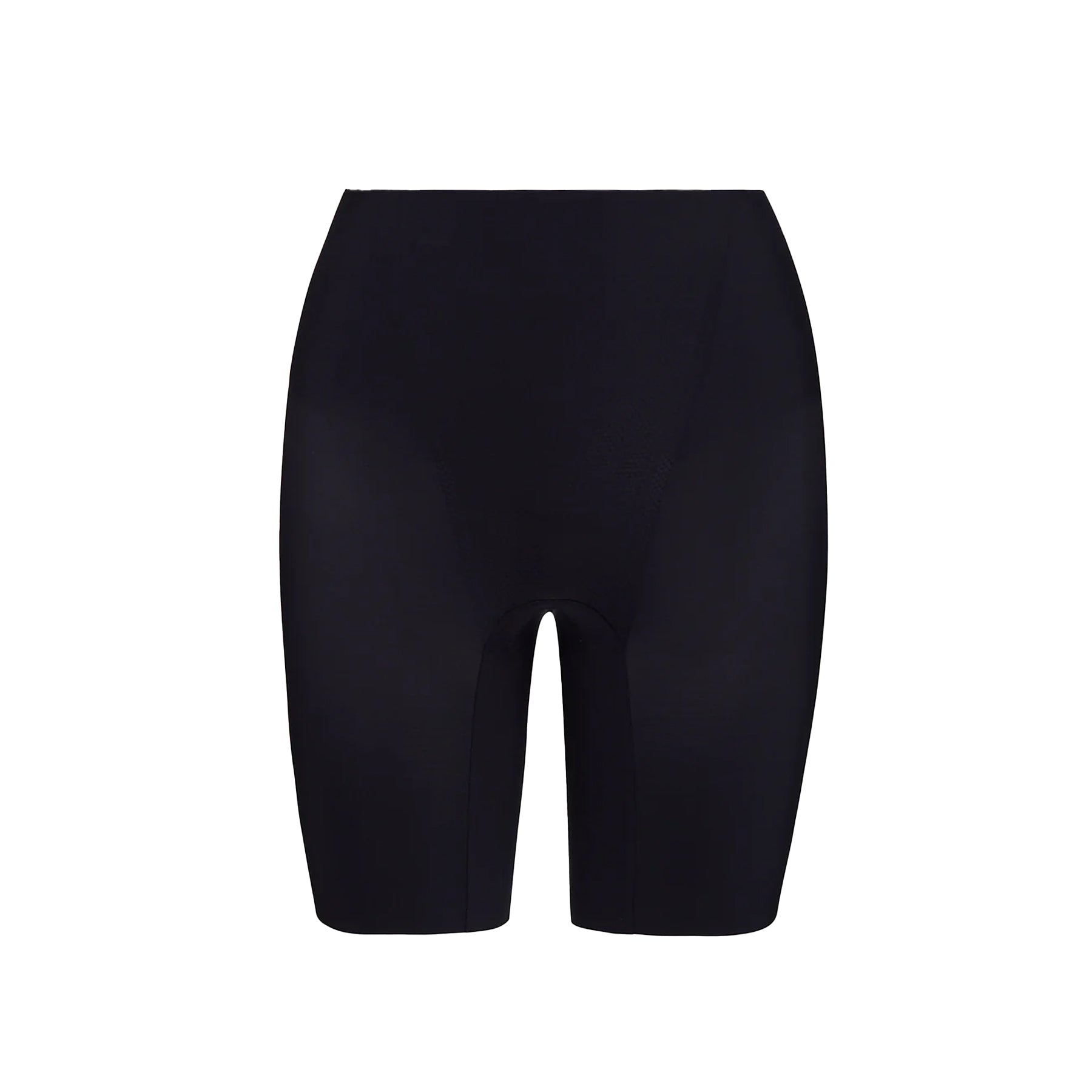 Flat lay of black high-waist smoothing shorts.