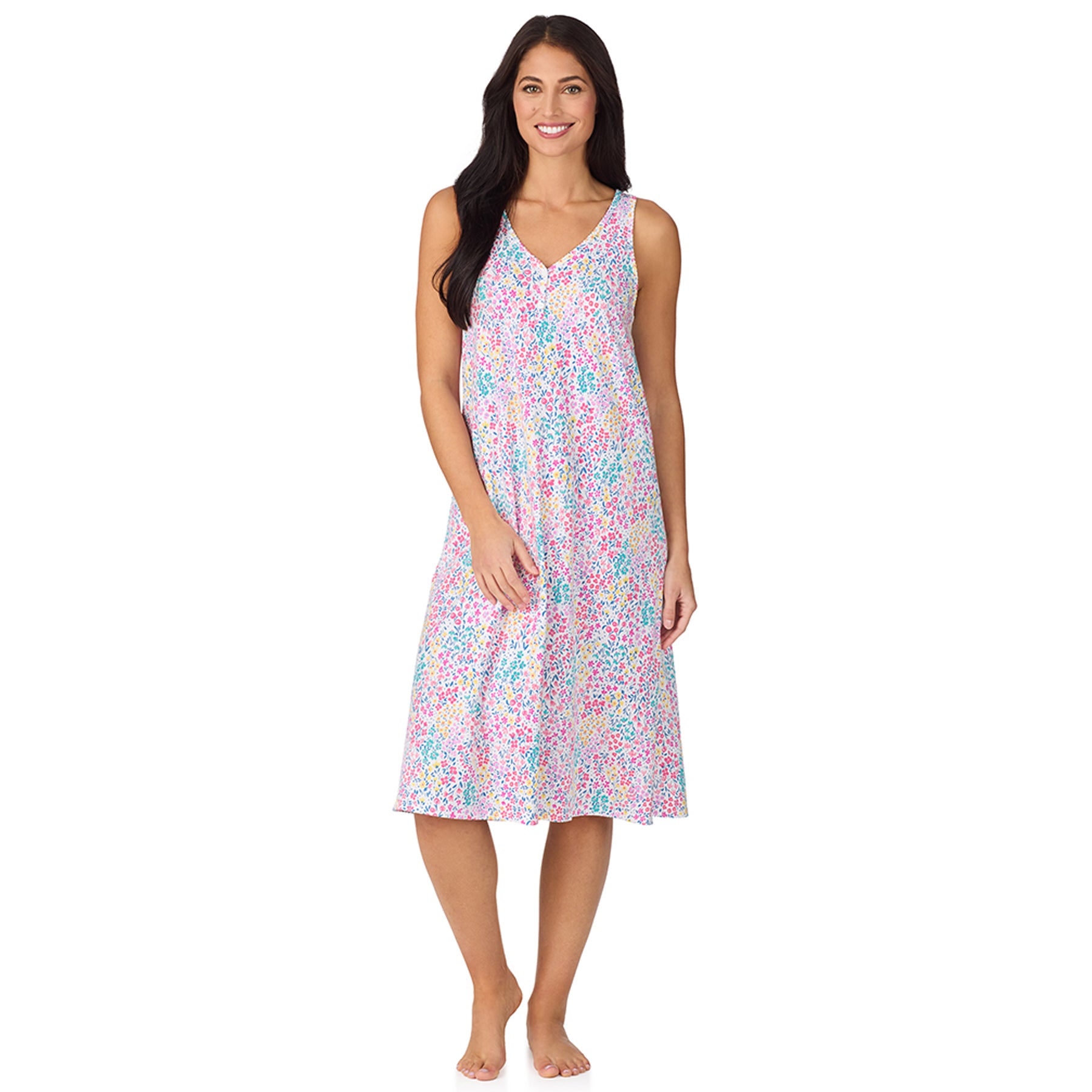 Full body front view of sleeveless floral nightgown with relaxed fit and soft drape on model