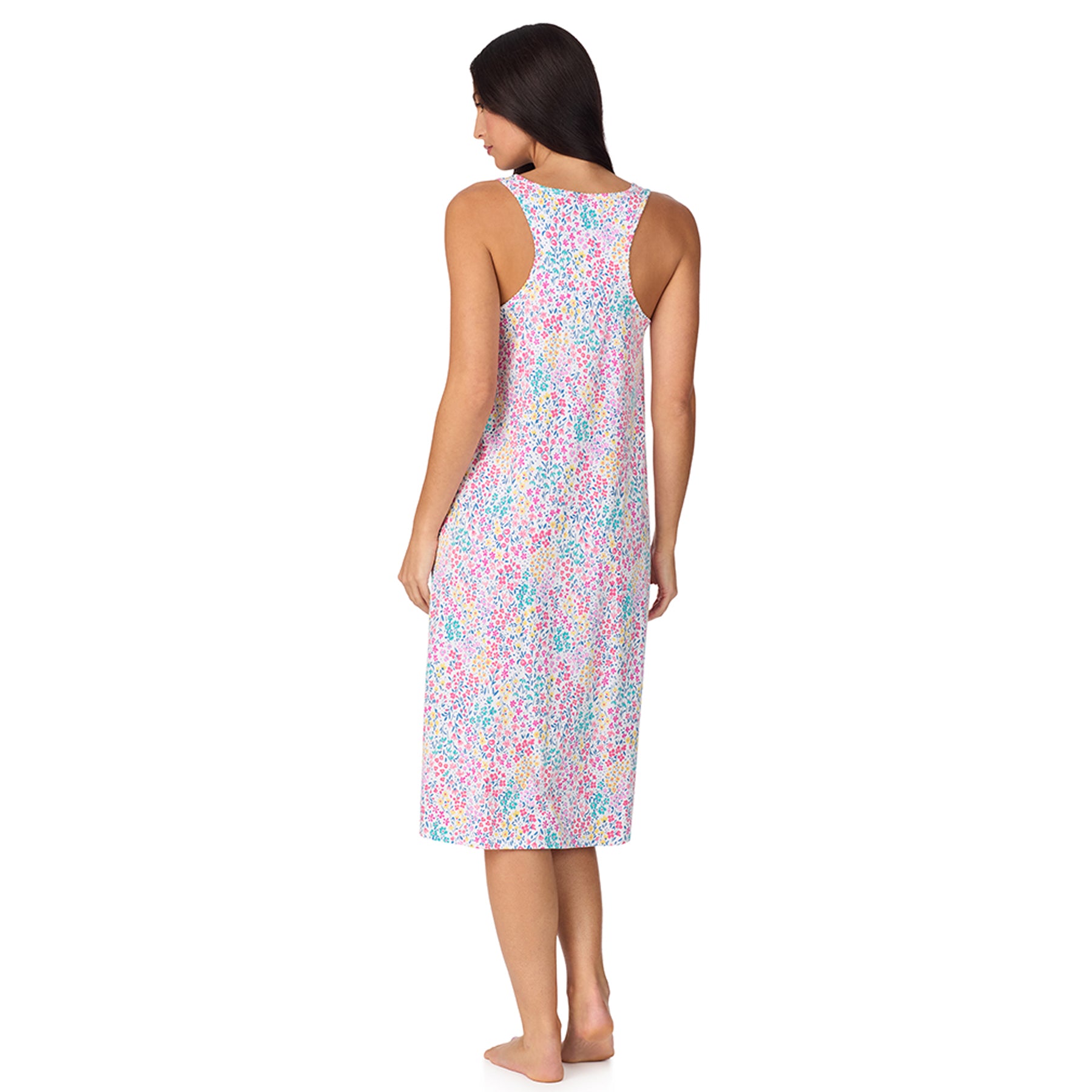 Back view of sleeveless floral nightgown with racerback style and loose comfortable silhouette